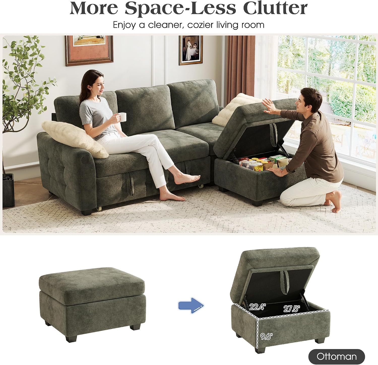 Ihanherry Modular Convertible Sectional Sofa Bed, Reversible Chaise & Storage Ottoman, 3-Seater Pull Out Sleeper with USB Ports & Chenille Fabric, for Small Space, Living Room, Apartment（Gray）