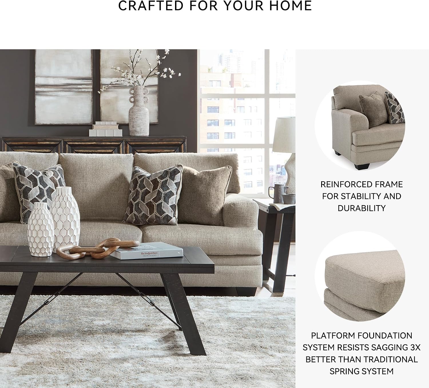 Signature Design by Ashley Stonemeade Casual Sofa with 4 Toss Pillows, Light Brown