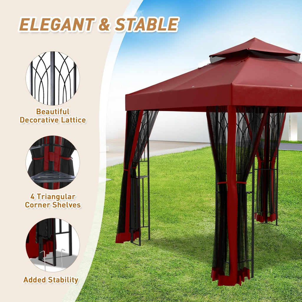 8x8 Outdoor Gazebo Tent with Netting and Corner Shelves, Double Roof Patio Gazebo with Soft Fabric Top, Outdoor Pavilion for Backyard Patio Garden Lawn, Red