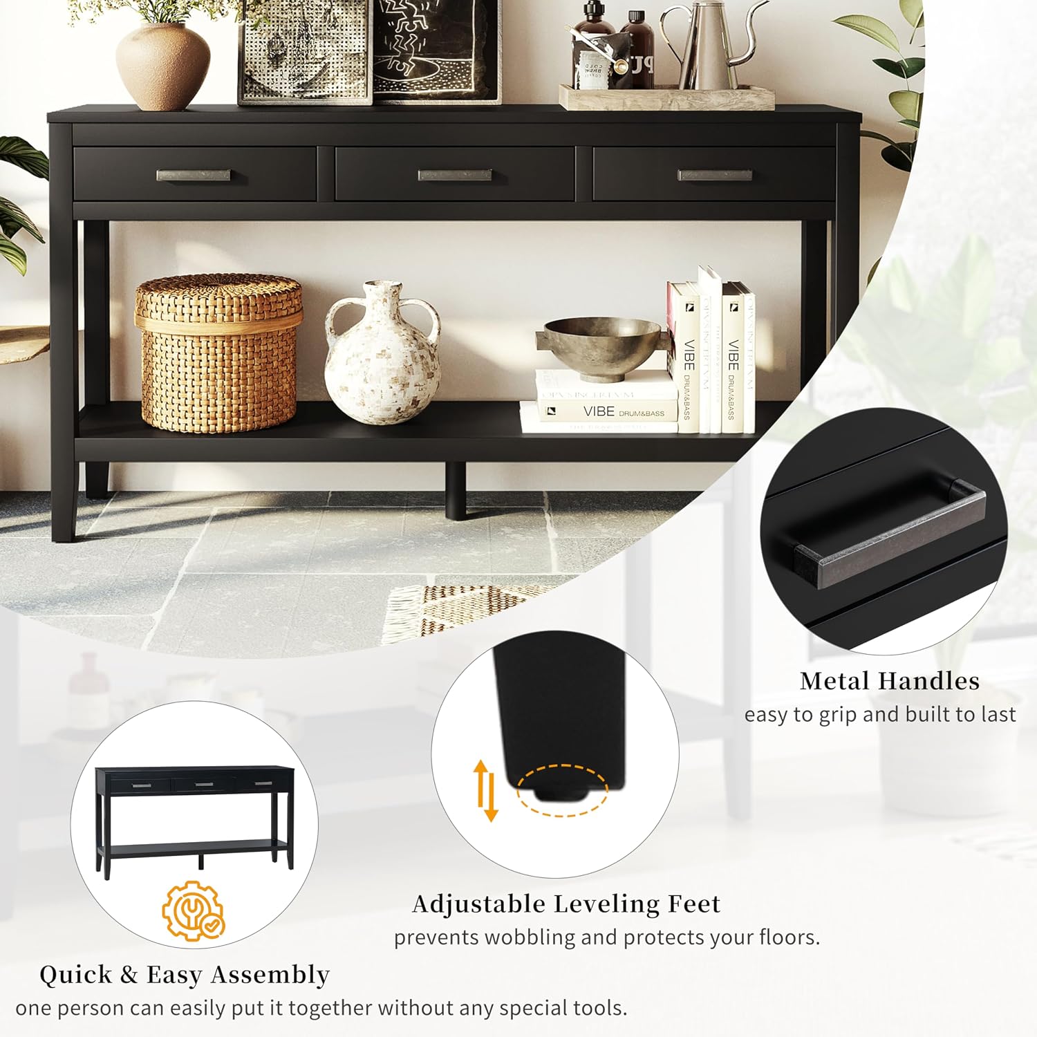 Merax Entryway Console Table, with 3 Storage Drawers, Bottom Shelf Design/Wood Frame/Behind Couch & Sofa, Black