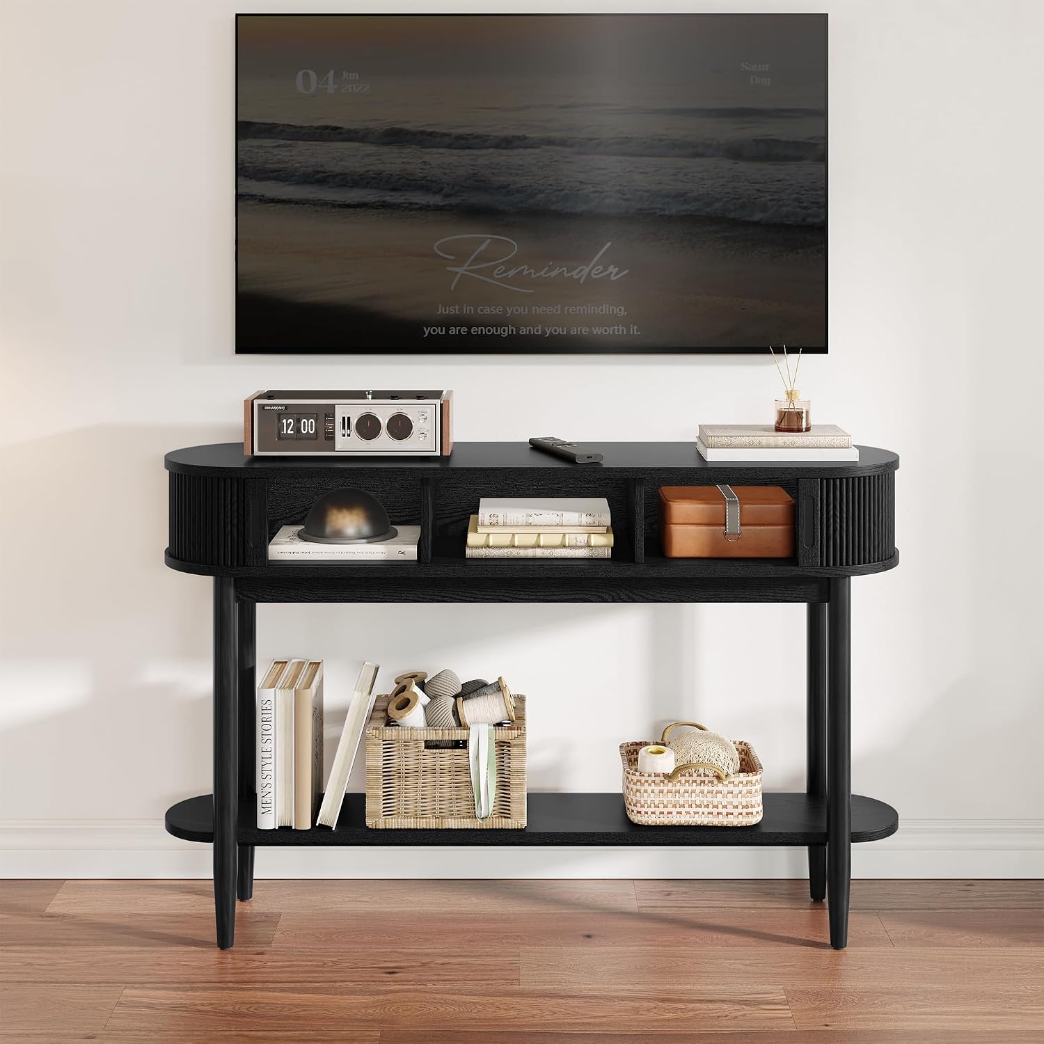 LINSY Fluted Console Table with Storage, Entryway Table Wood Entrance Tables for Front Door, Behind Couch Sofa Table with Shelves, Foyer Tables for Hallways, Living Room (Black)