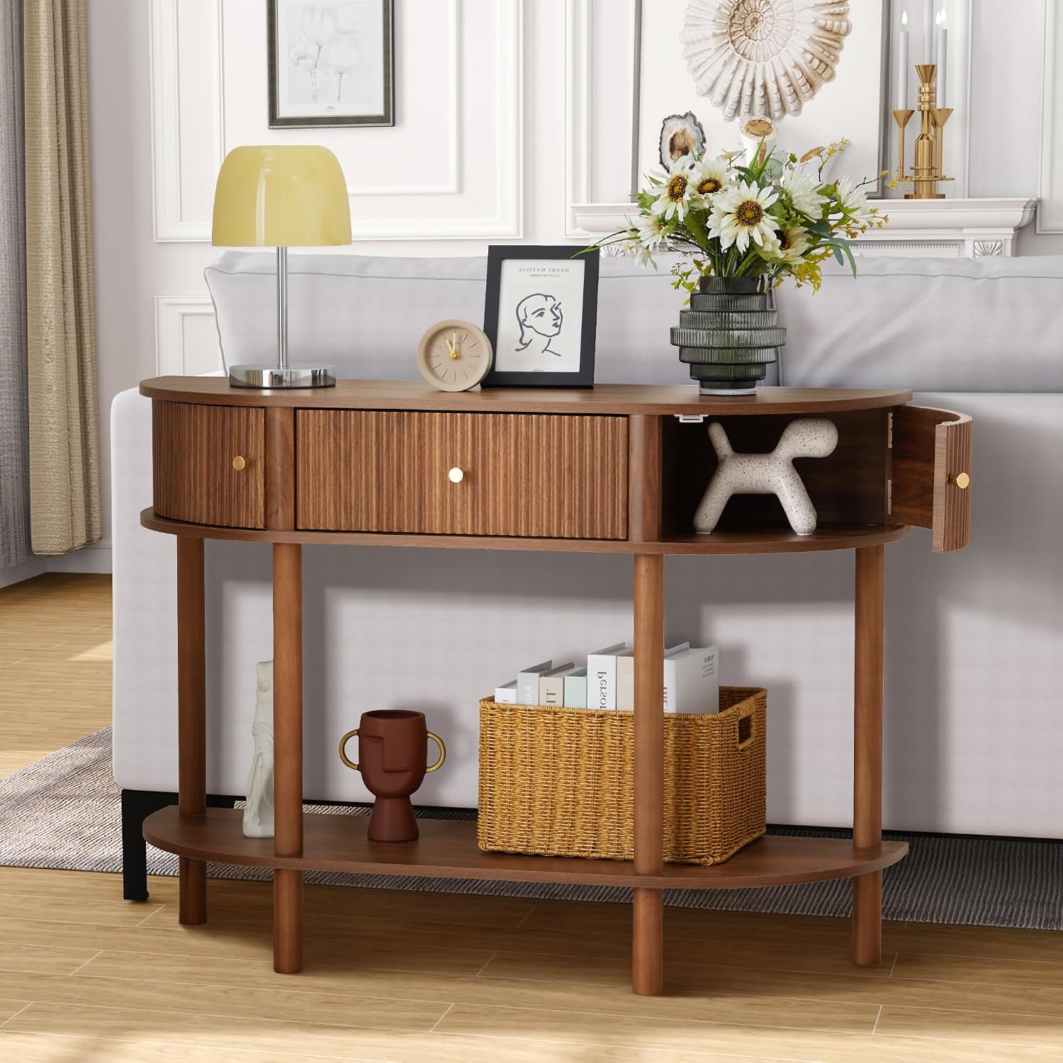 XUZENEST 43.3' Fluted Half Moon Console Table, Modern Entryway Console Sofa Table with Storage, Narrow Wood Accent Tables Behind Couch Tables for Living Room, Hallway, Foyer(Walnut)