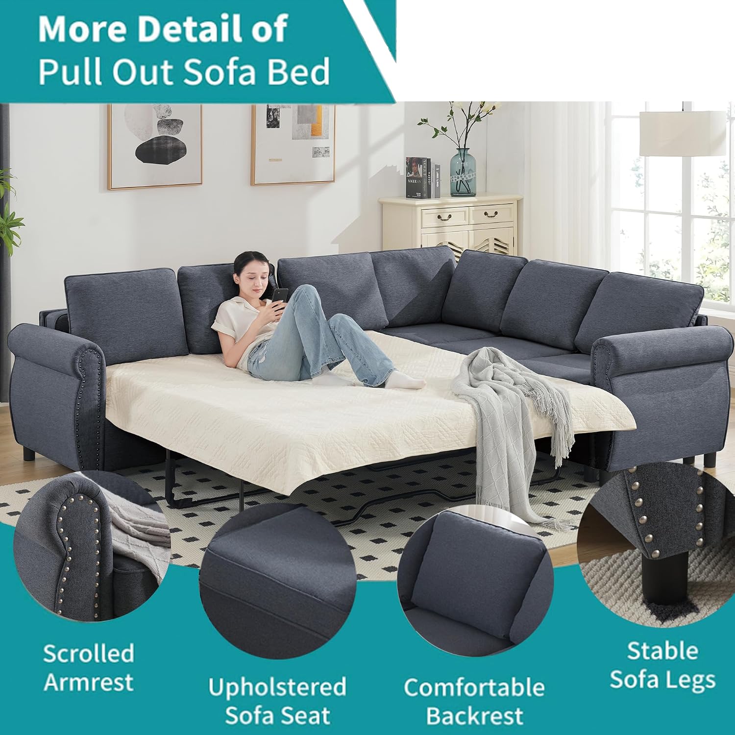 Sleeper Sofa Bed, Pull Out Couch with Mattress, 104'' 6 Seater Upholstery Sectional Couches, Modern Comfy L Shape Sofa Couch, Living Room Furniture for Living Room, Apartment, Studio, Grey