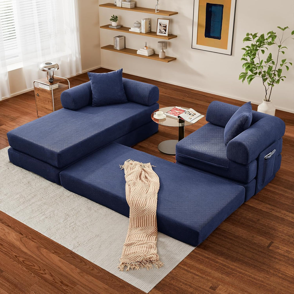 Modular L Shaped Sofa Bed with Cylindrical Pillow & Reversible Chaise, Corduroy Convertible Floor Boneless Sofa Couch Bed with Fixed-Shape Frame & Storage Pocket for Living Room, Blue