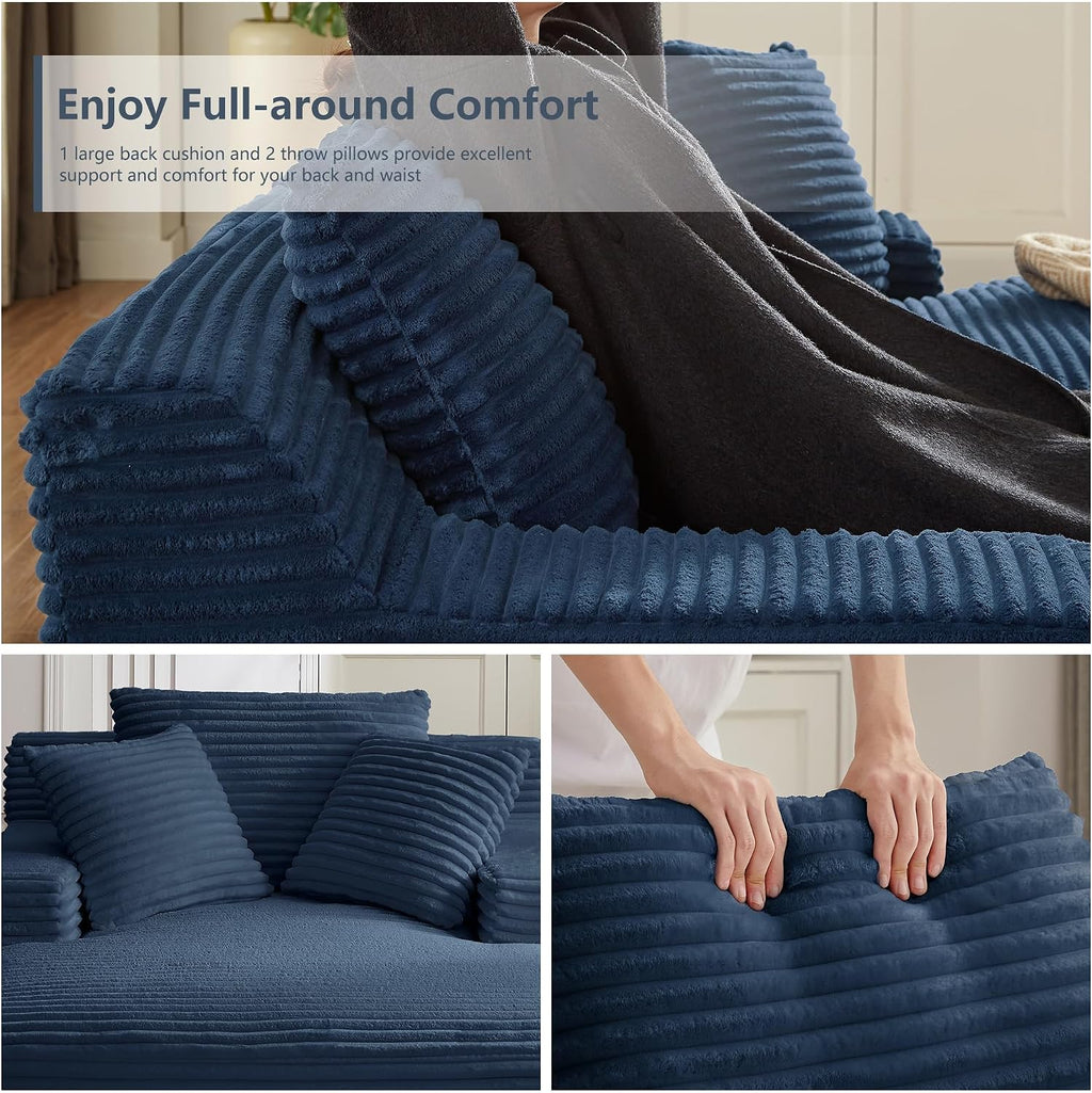 Tmsan 50' Oversized Chaise Lounge Sofa Chair Indoor, Modern Corduroy Sleeper Sofa Cloud Couch with 3 Soft Pillows, Comfy Single Seat Floor Sofa for Living Room Apartment Office, Blue