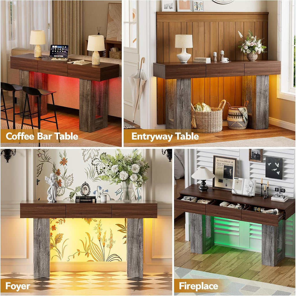 PAKASEPT 63-Inch Long Console Table with Colorful LED Lights and 3 Drawers, Farmhouse Sofa Table with Storage, Wooden Entryway Table for Hallway, Living Room, Foyer, Vintage Brown