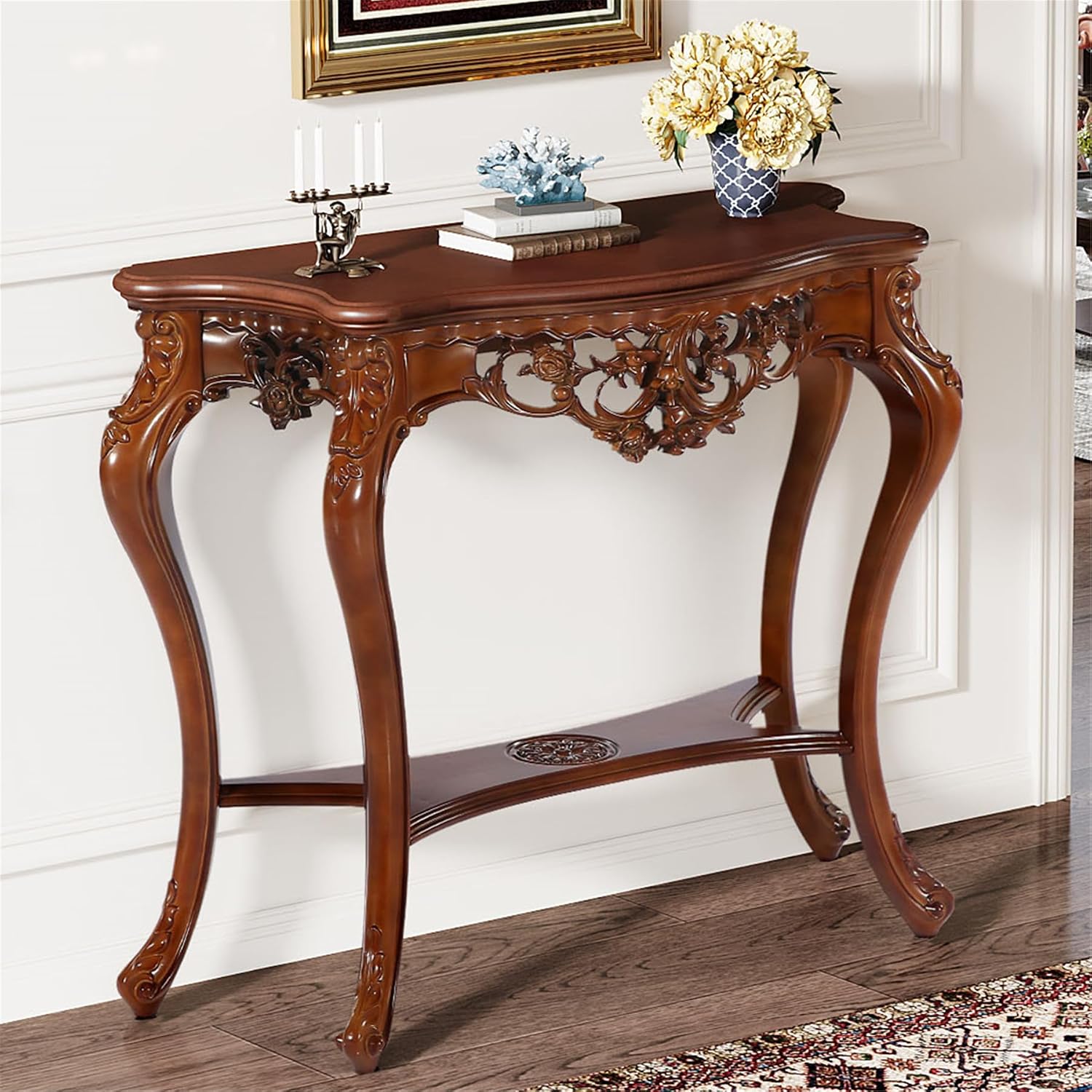 Tribesigns Antique Console Table, 38 Inch Victorian Half Moon Sofa Table with Hollow Floral Apron and Cabriole Legs, Vintage Traditional Decorative Furniture Tables for Entryway, Hallway, Living Room