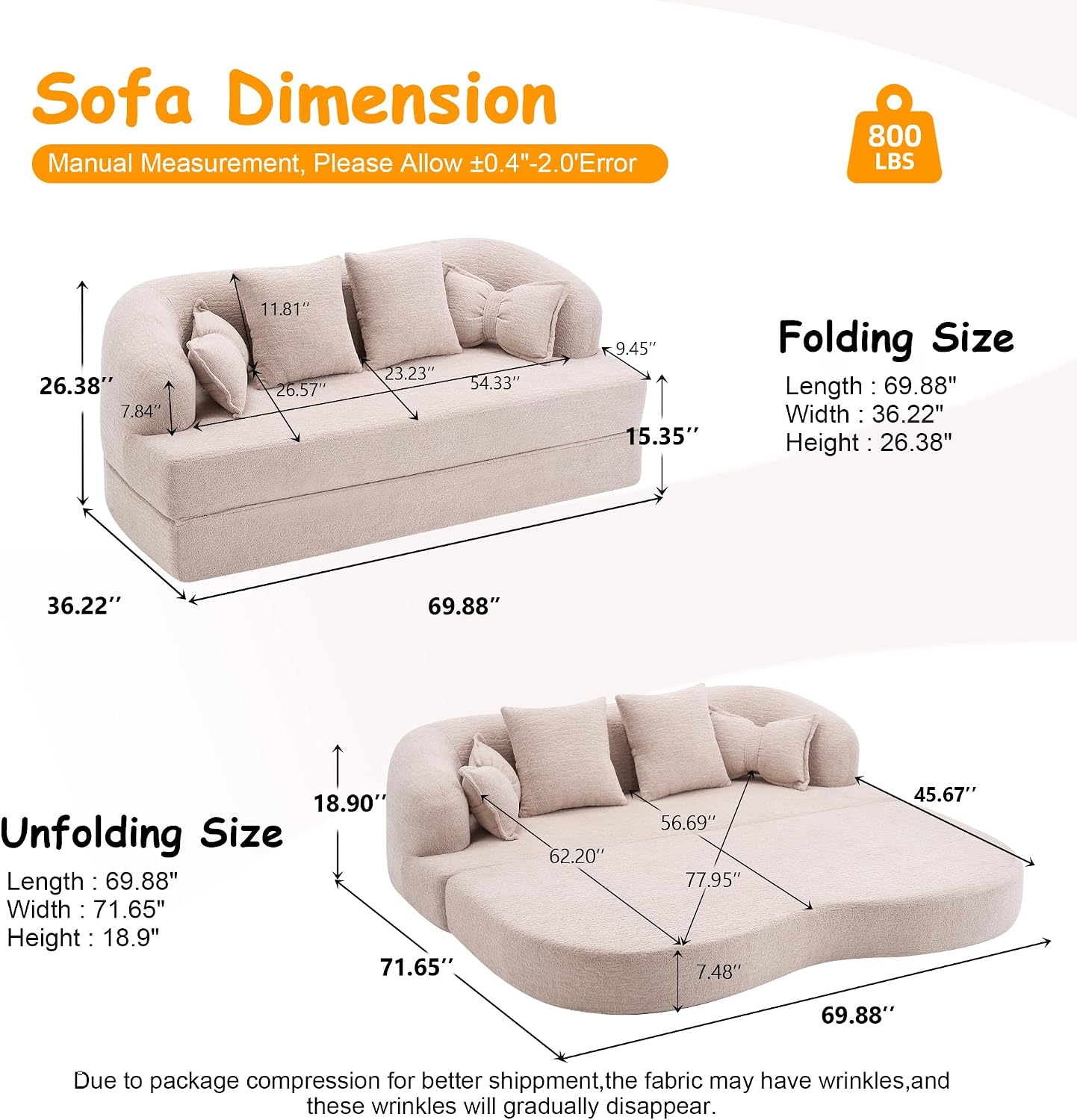 70' Convertible Sofa Bed, 2-in-1 Boneless Sleeper Sofa, Soft Chenille Folding Sofa Loveseat with 4 Pillows, Love Seat Small Couch for Small Spaces, Living Room, Bedroom, No Assembly