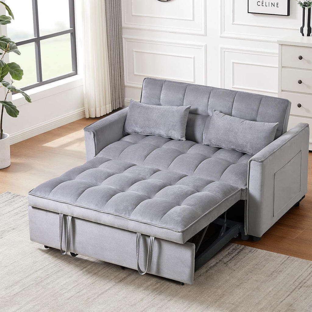 3 in 1 Convertible Sleeper Sofa Bed, 53' Pull Out Sofa Bed with 3-Level Adjustable Backrest, Velvet Fabric Loveseat Sleeper Couch for Living Room & Bedroom & Apartment & Dorm, Light Gray