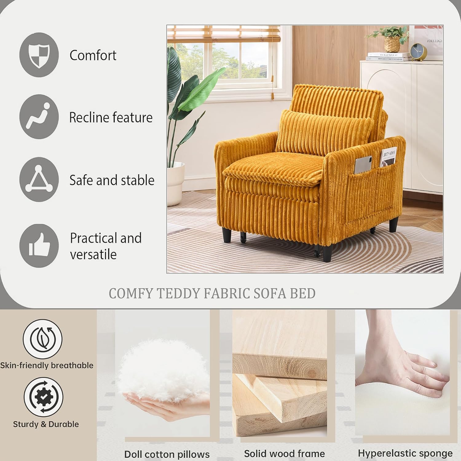 Majnesvon Modern Corduroy Fabric Sofa Bed Futon, 3 in 1 Convertible Pullout Bed Sleeper Couches with 3 Reclining Backrests, Small Sofa Chair Bed for Living Room Bedroom (Yellow)