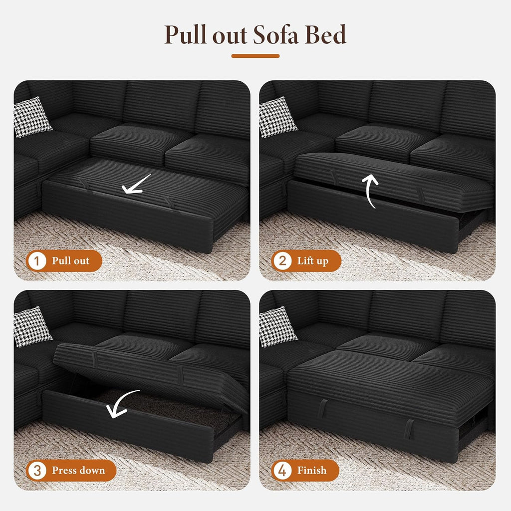 Vesgantti 113.6' Modular Sectional Sofa with Pull Out Couch Bed, 7 Seater U Shaped Sleeper Sofa with Storage Chaise, Corduroy Sectional Couch for Living Room, Bedroom, Apartment, Black