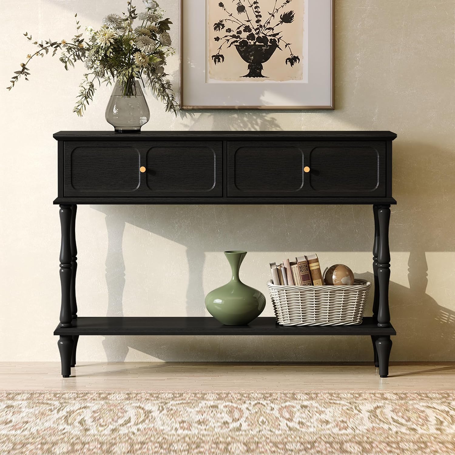 ARTPOWER Console Table with Drawers for Entryway, Mid-Century Entryway Table with Storage, Black Narrow Entryway Table with Open Shelf Behind Sofa for Living Room, Foyer, Hallway