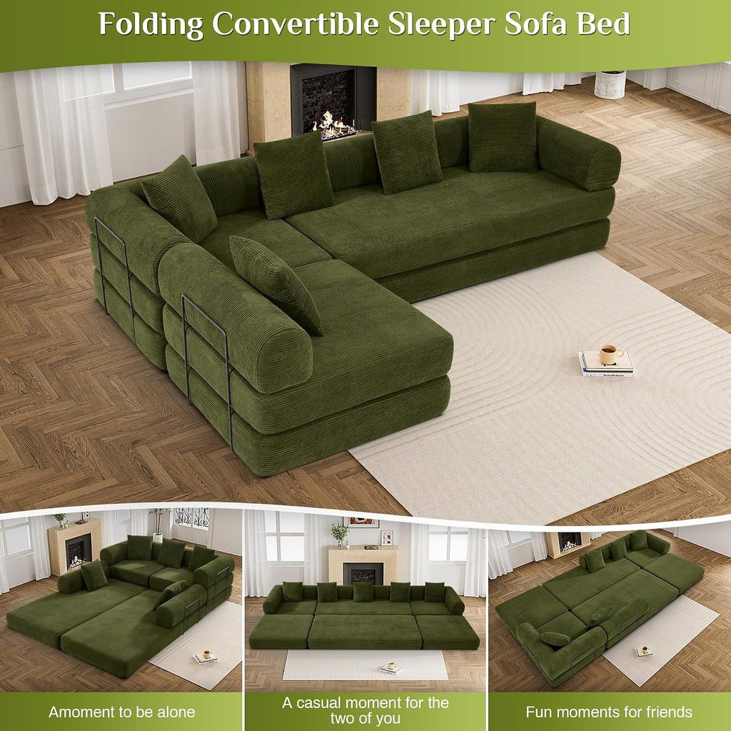 DAMAIFROM Convertible Sleeper Sofa Bed with Cylindrical Pillow,Corduroy Folding Mattress Couch with Fixed-Shape Frame,Modular Floor Sofa Lounge Couch for Living Room Bedroom Lounge,158.6',Olive Green