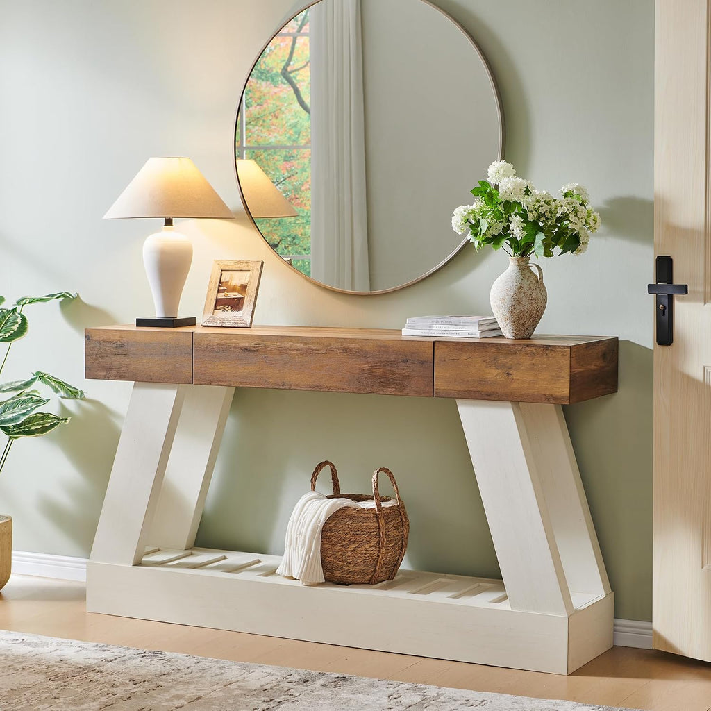 OKD 60' Farmhouse Entryway Table with Drawer, Console Table Behind Sofa, Narrow Long Entryway for Hallway, Living Room, Hallway, Behind Couch(Antique White)