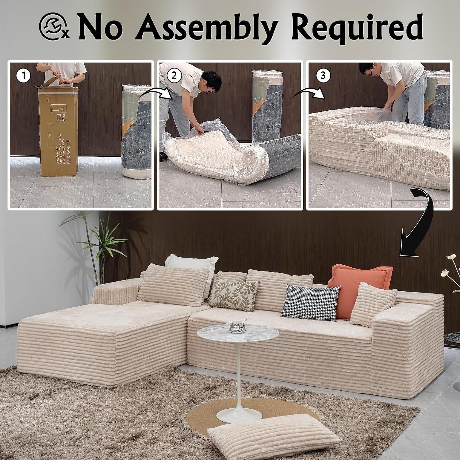 Sectional couches for Living Room Corduroy Couch, 104' Cloud Sectional Couch with L-Shape Chaise, Modern Modular Sofa, Deep Seat Comfort, No Assembly Required(Plush Corduroy, Left Facing Chaise)