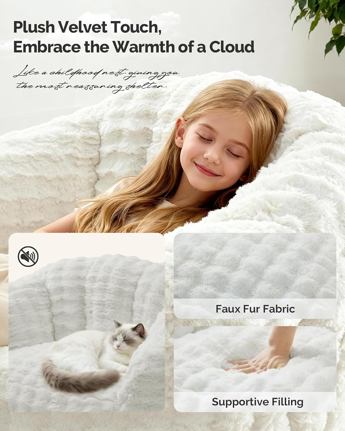 KINGYES Giant Bean Bag Chair, Fluffy Bean Bag Chair with Armrest, Memory Foam Beanbag for Adults, Beige(Pillow not Included)