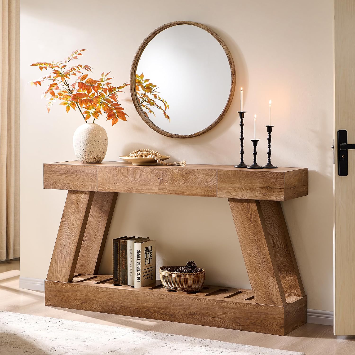60' Farmhouse Entryway Table with Drawer, Wooden Hallway Foyer Table with Heavy Duty Base, Sofa Table for Living Room(Light Knotty Oak)