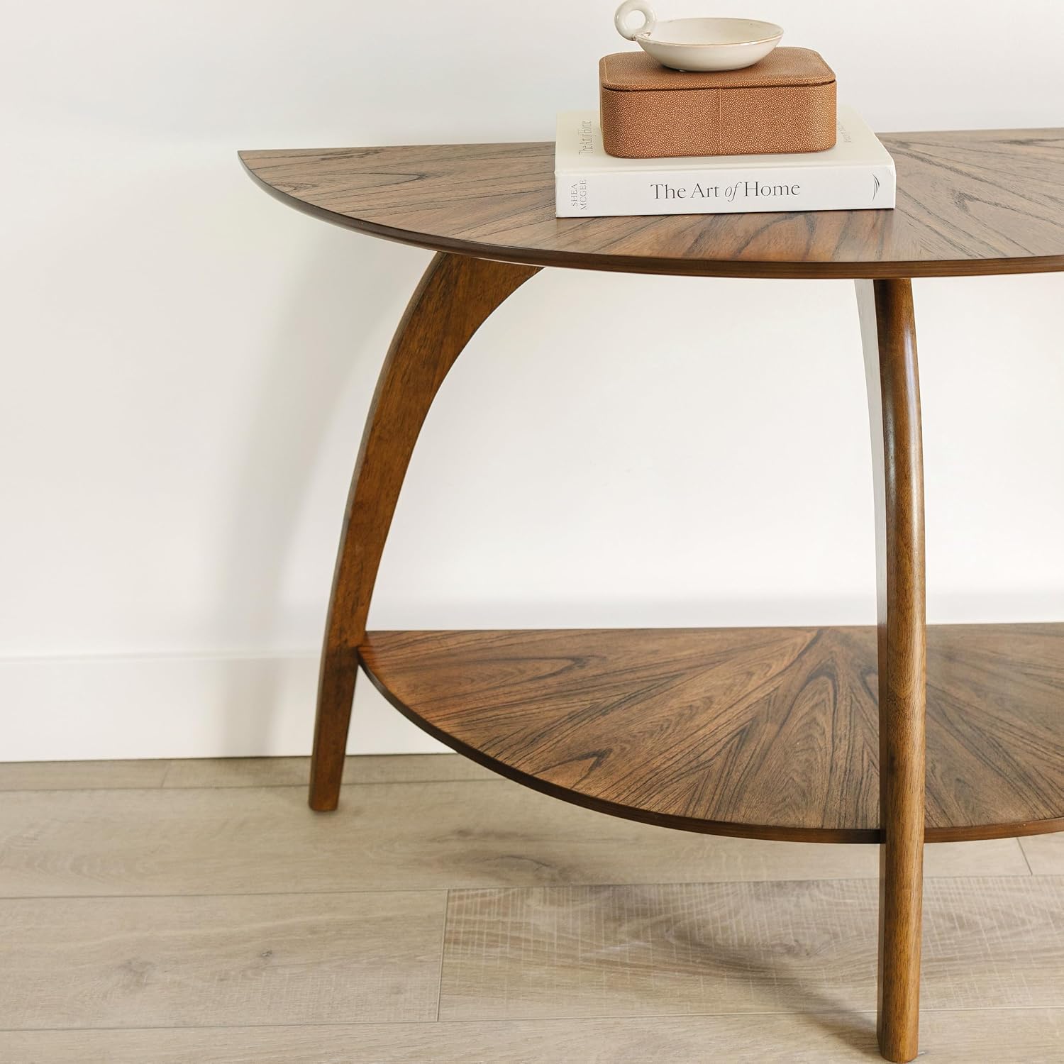 Martin Svensson Home LAX Retro Mid-Century Modern Half-Moon Wood Sofa Table with Lower Shelf, Console Table for Living Room or Entryway. Nutmeg Brown.