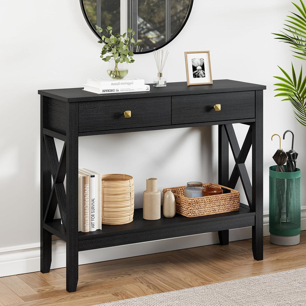 Lomojo Console Table,Sofa Table 13.8' D x 39.37' W x 31.5' HEntryway Table with 2 Drawers Storage Shelve Foyer Table for Entryway Farmhouse Hallway Tables (Black)