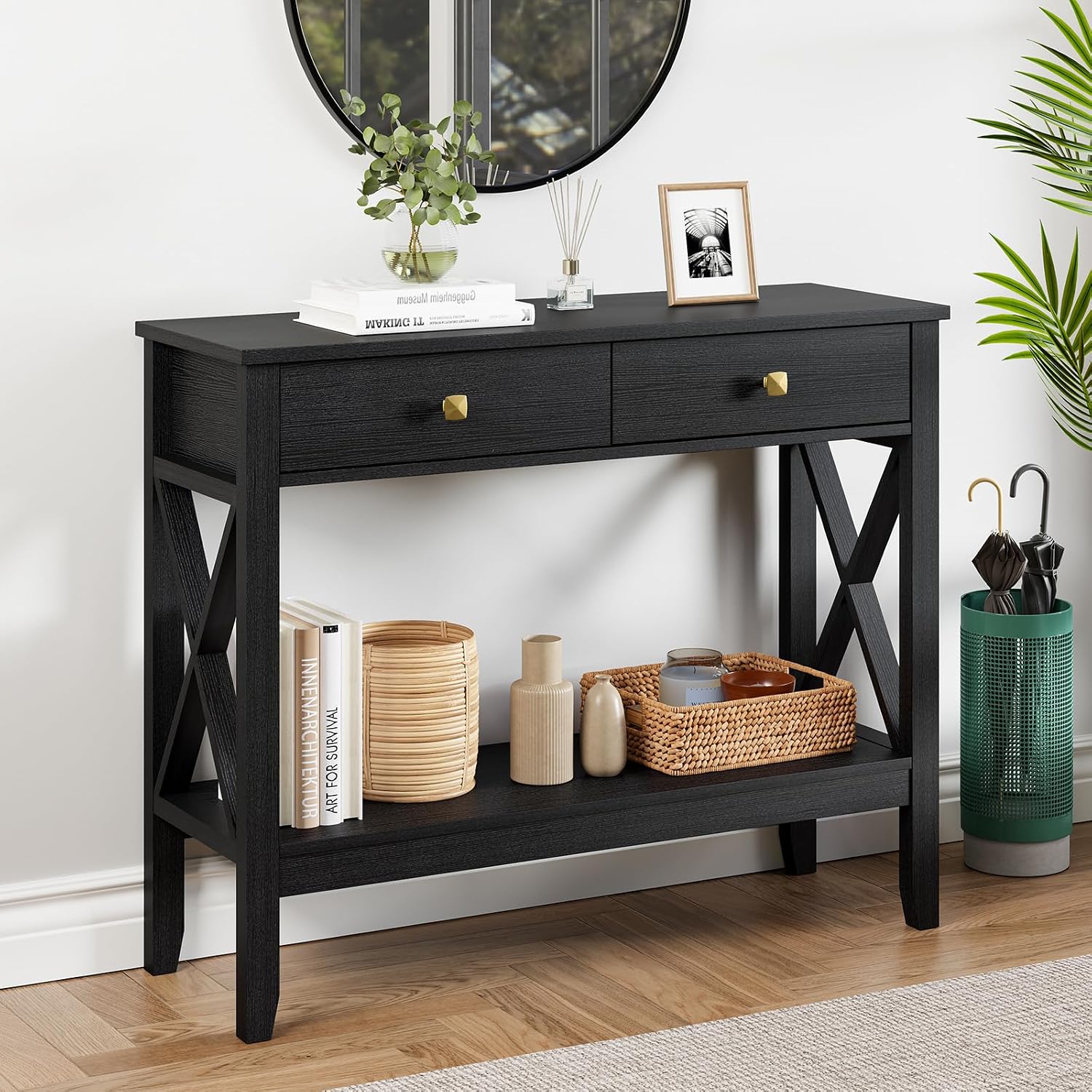 Lomojo Console Table,Sofa Table 13.8' D x 39.37' W x 31.5' HEntryway Table with 2 Drawers Storage Shelve Foyer Table for Entryway Farmhouse Hallway Tables (Black)