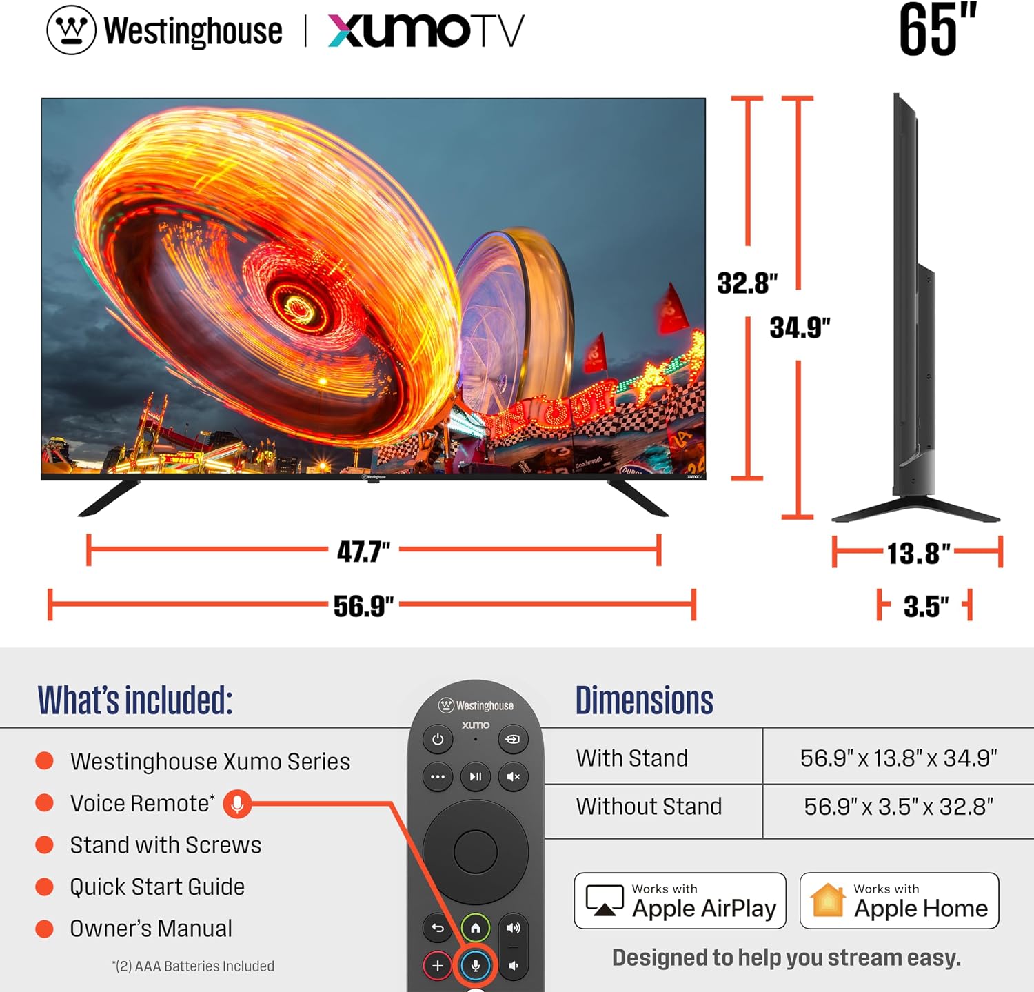 Westinghouse 65-inch Smart TV, 4K UHD Xumo TV w/ HDR10, Voice Remote, Dolby Vision, Edgeless, Flat Screen LED Television w/Apple HomeKit, Wi-Fi & Mobile Connectivity