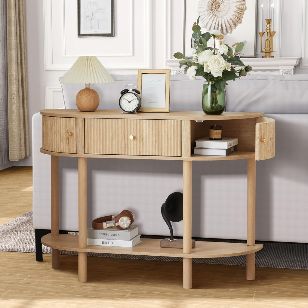 XUZENEST 43.3' Fluted Half Moon Console Table, Modern Entryway Console Sofa Table with Storage, Narrow Wood Accent Tables Behind Couch Tables for Living Room, Hallway, Foyer(Natural)