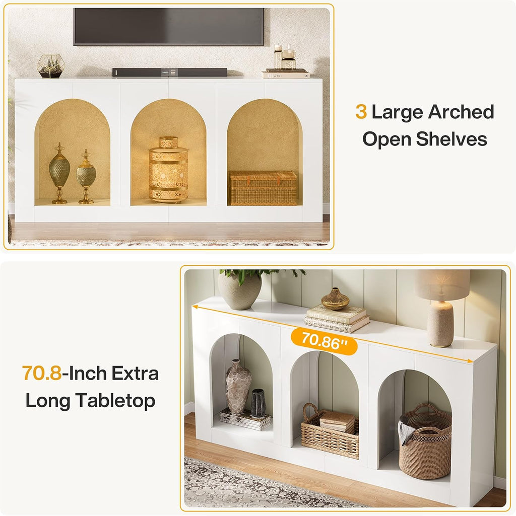 Tribesigns 70.9' White Console Table with Storage, Wood Entryway Entry Table with 3 Arched Shelves for Foyer, Hallway, Living Room, Behind Couch Sofa, Narrow Long