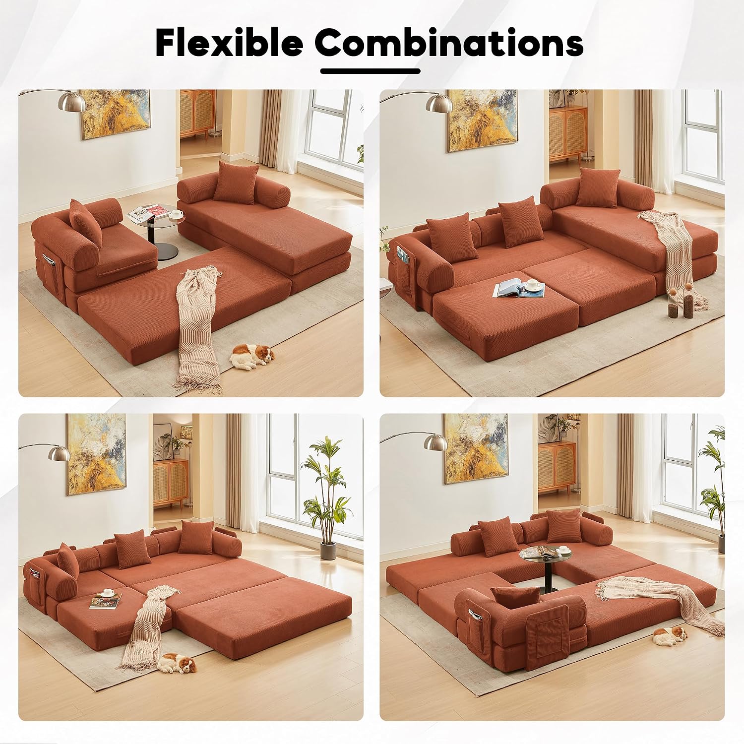 L Shaped Modular Sofa Bed with Cylindrical Pillow & Reversible Chaise, Corduroy Folding Floor Convertible Sofa Couch Bed with Fixed-Shape Frame & Storage Pocket for Living Room, Orange