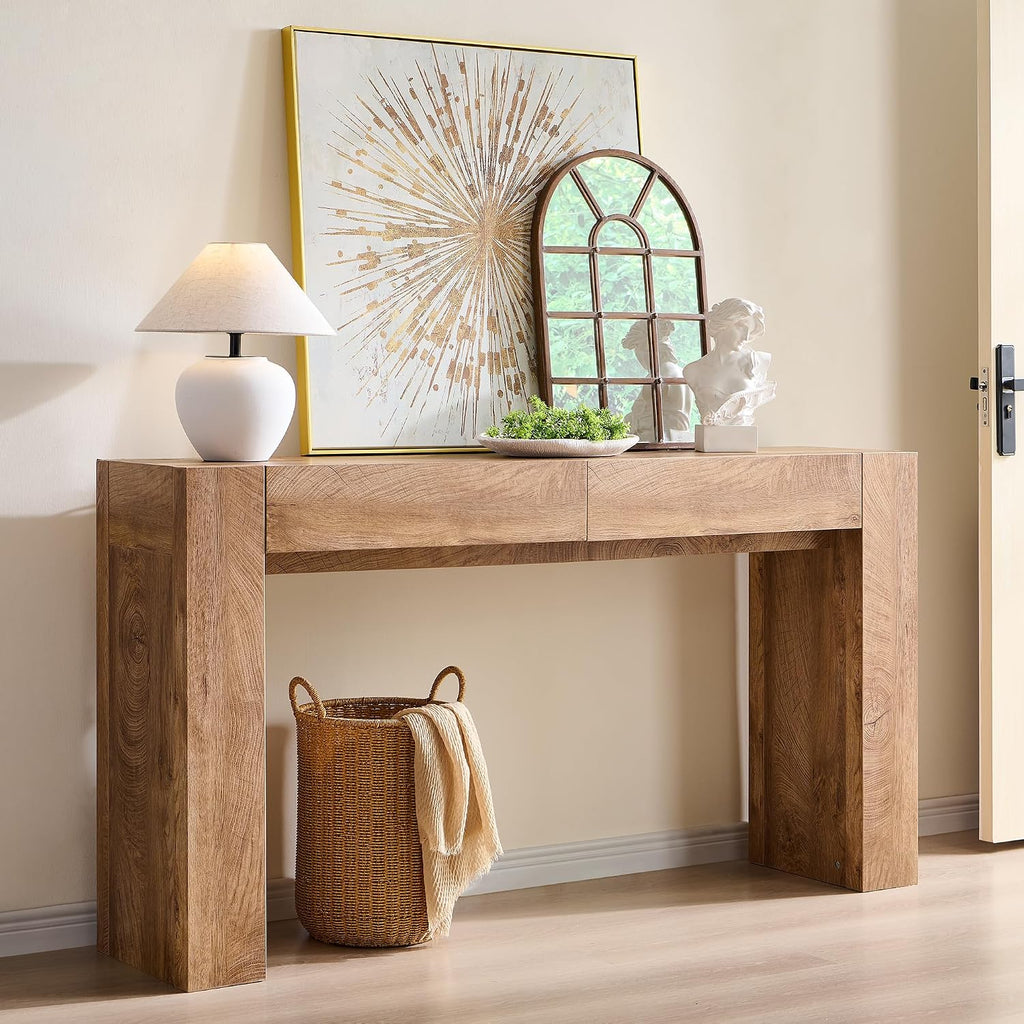 OKD Modern Entryway Console Table, Sofa Table with Drawers, 63' Long Hall Table Behind Couch, Thick Wood Design for Living Room, Hallway - Light Knotty Oak