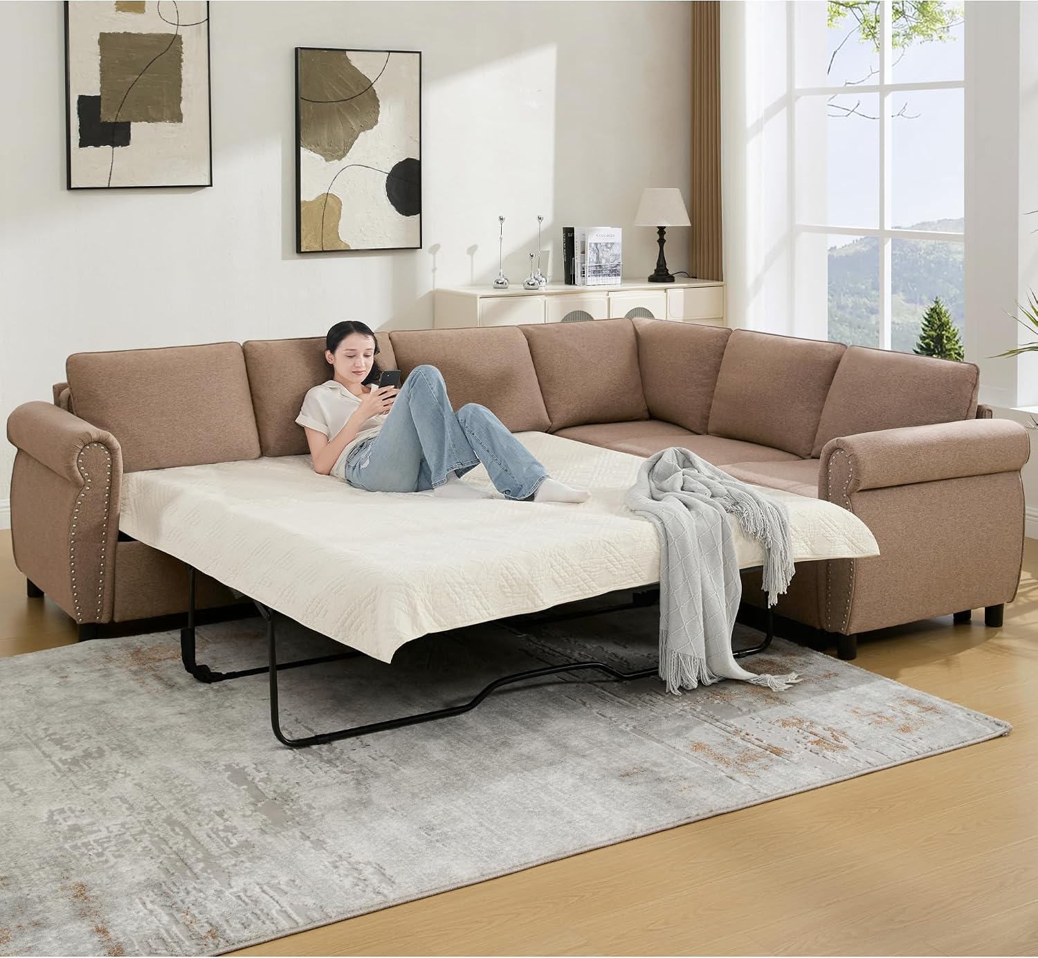104'' Sleeper Sofa Bed, L Shaped Sectional Sofa with Pull Out Couch Bed, Queen Size 6 Seater Sofa with Memory Foam Mattress, Sectional Couches for Living Room Furniture Set, Brown