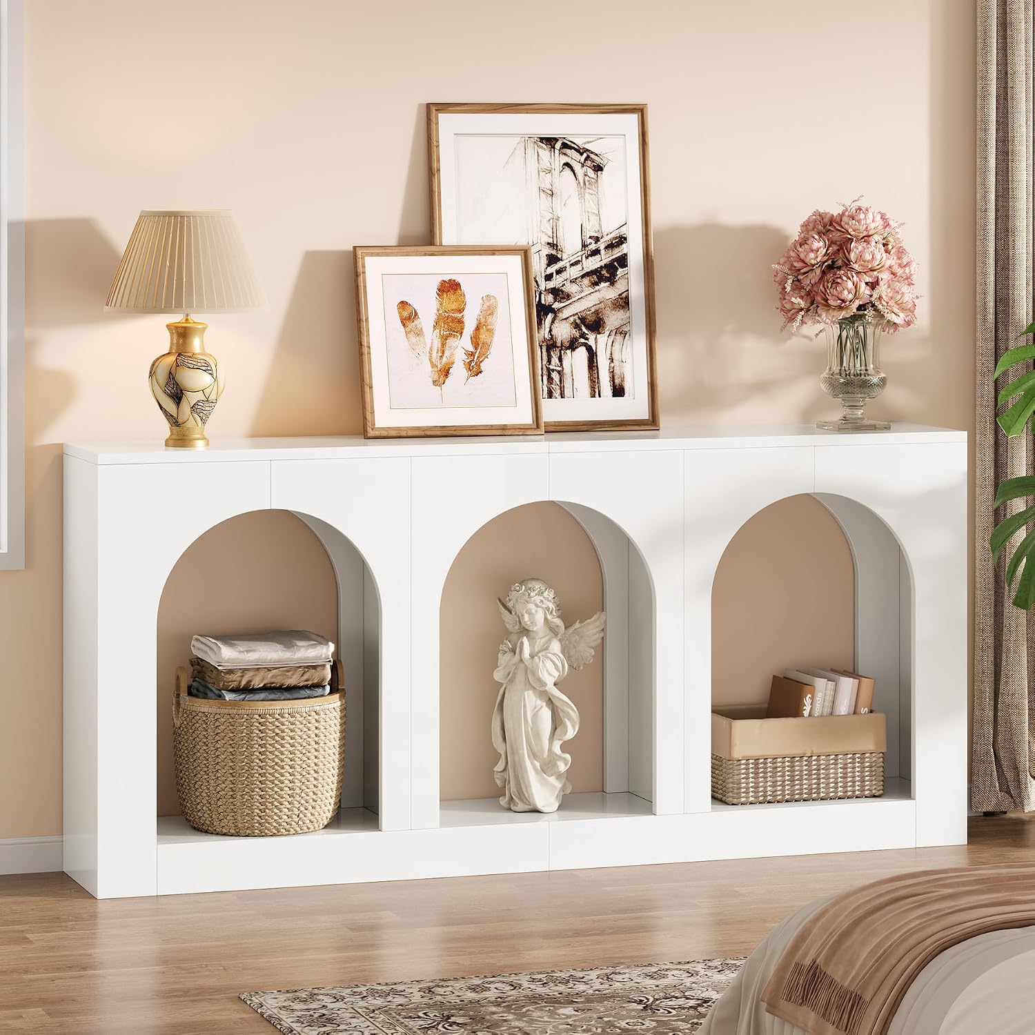 Tribesigns 70.9' White Console Table with Storage, Wood Entryway Entry Table with 3 Arched Shelves for Foyer, Hallway, Living Room, Behind Couch Sofa, Narrow Long