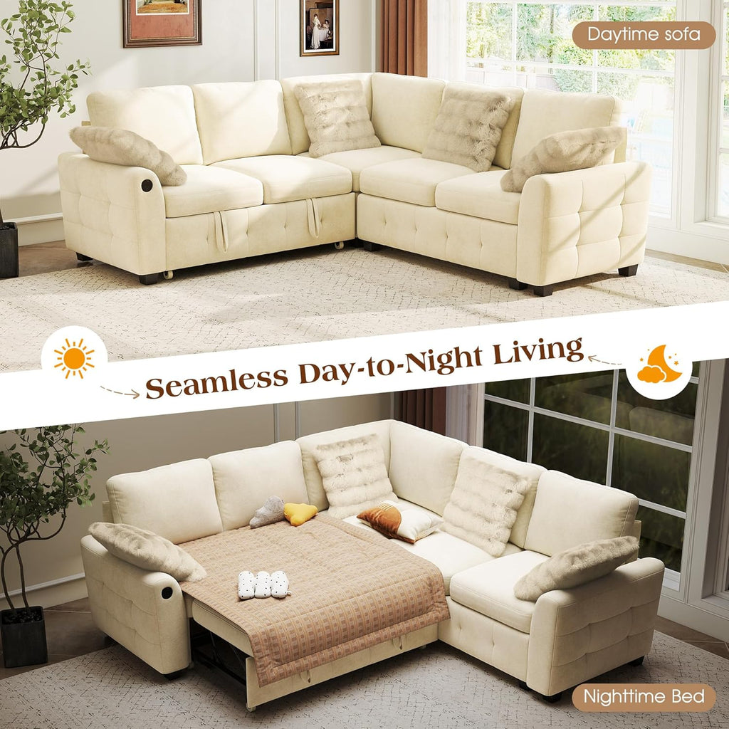 Ihanherry L-Shaped Sectional Sofa Bed with Storage, 5-Seater Convertible Pull Out Sleeper Sofa with USB Charging Ports, 4 Pillows & Wide Armrests, Chenille Fabric for Living Room, Apartment（Beige）