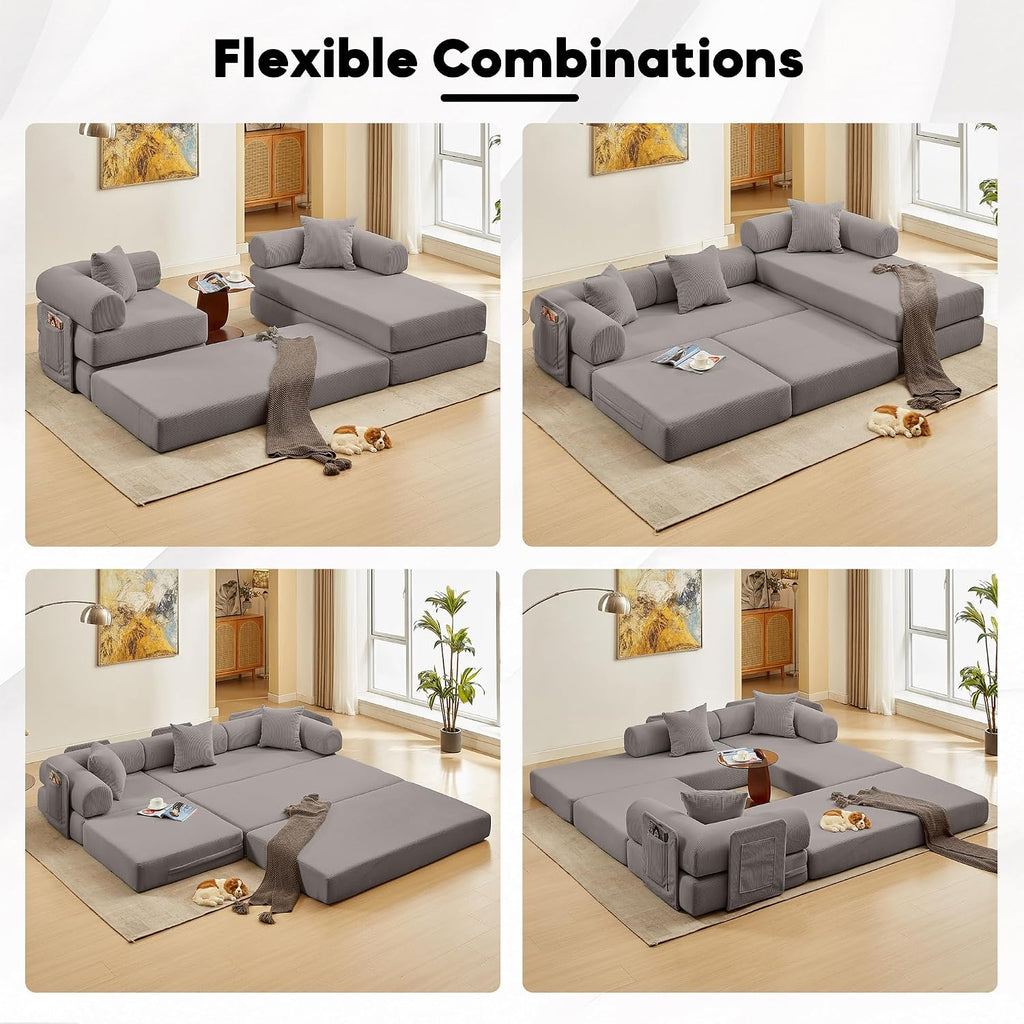 L Shaped Modular Sofa Bed with Cylindrical Pillow & Reversible Chaise, Corduroy Folding Floor Convertible Sofa Couch Bed with Fixed-Shape Frame & Storage Pocket for Living Room, Grey