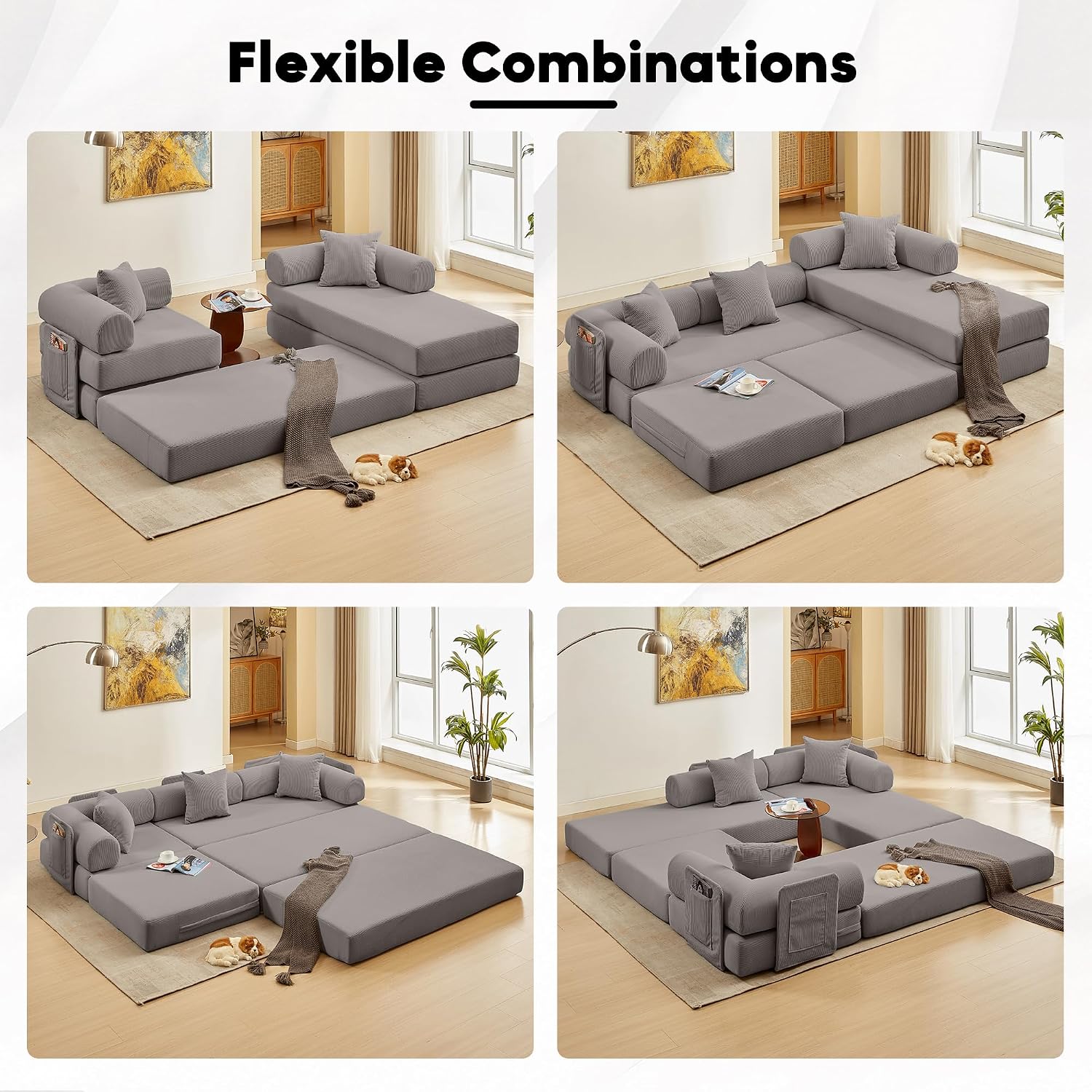 L Shaped Modular Sofa Bed with Cylindrical Pillow & Reversible Chaise, Corduroy Folding Floor Convertible Sofa Couch Bed with Fixed-Shape Frame & Storage Pocket for Living Room, Grey