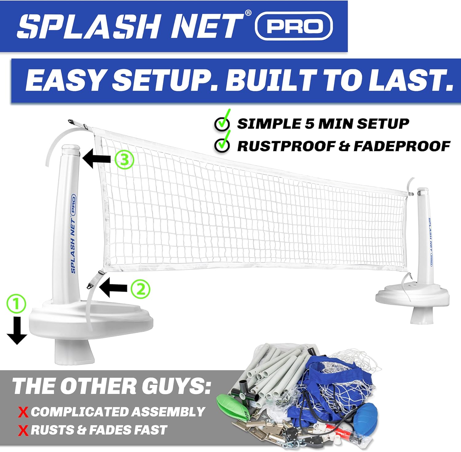 GoSports Splash Net PRO Pool Volleyball Net - Red, White, or Blue - Includes 2 Water Volleyballs and Pump