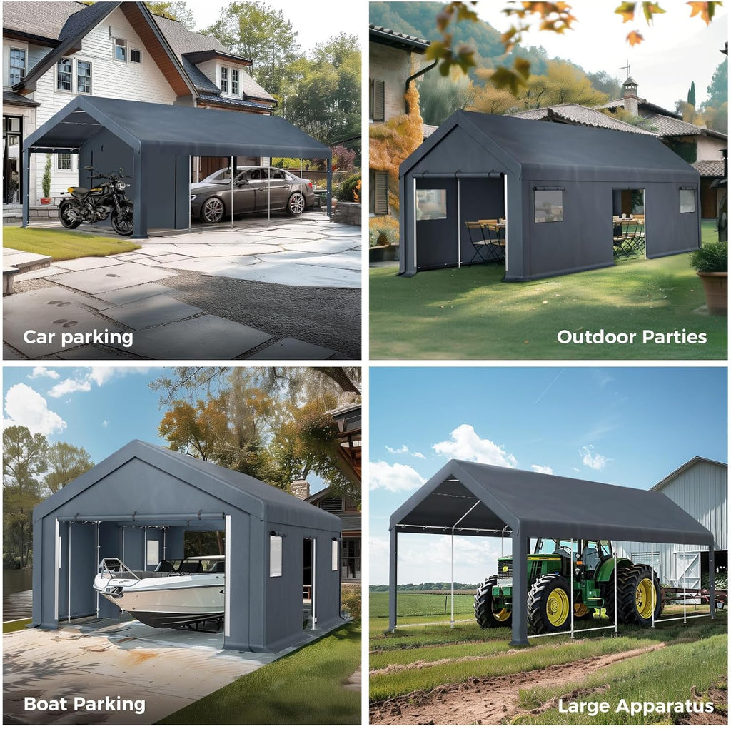 GREEN PARTY Carport, 13'x24' Extra Large Heavy Duty Carport with Roll-up Windows, Waterproof & 12 Legs Car Canopy Portable Garage Shelter with Removable Sidewalls & Doors for Car, Truck, SUV, Boat
