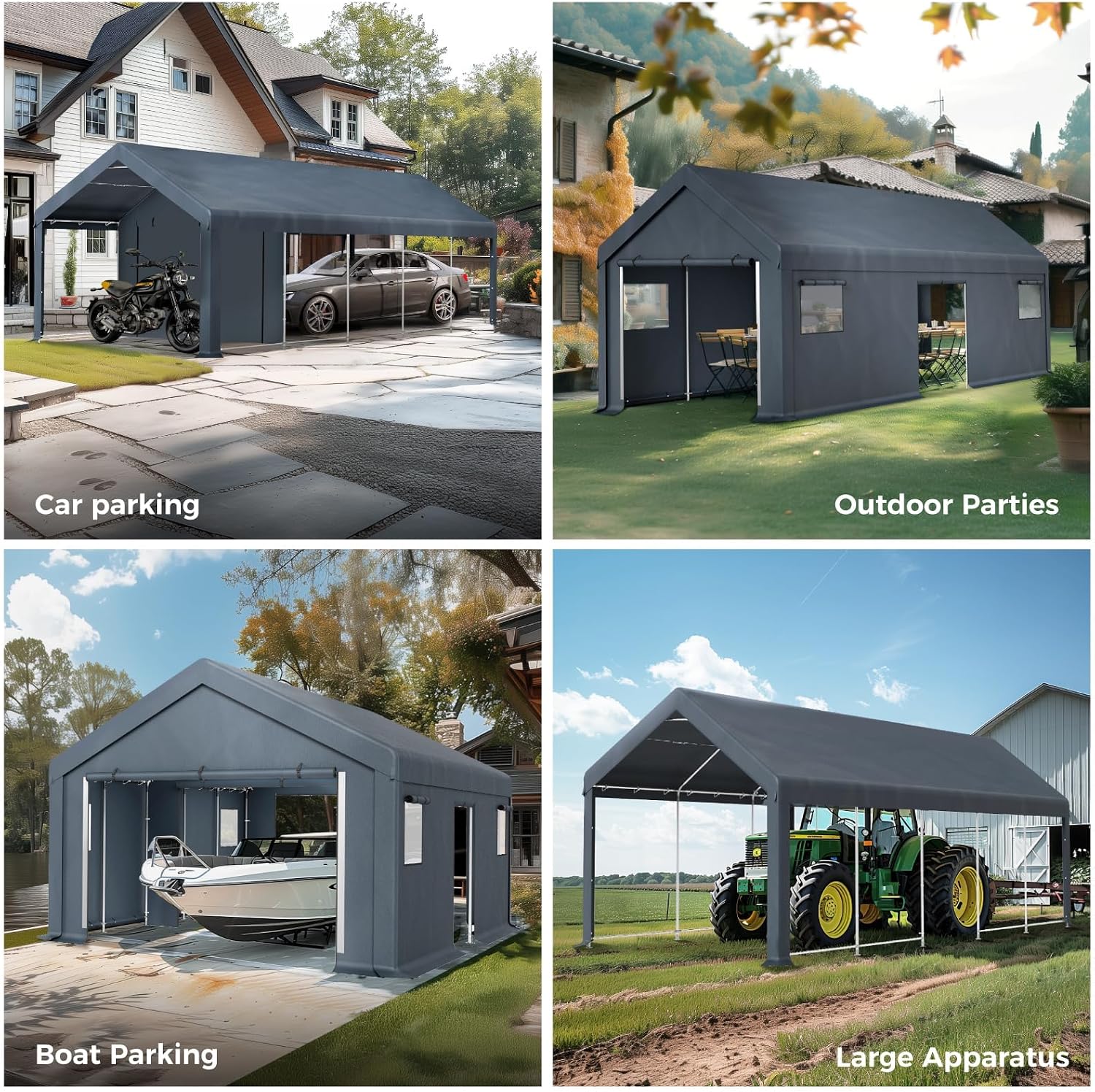 GREEN PARTY Carport, 13'x24' Extra Large Heavy Duty Carport with Roll-up Windows, Waterproof & 12 Legs Car Canopy Portable Garage Shelter with Removable Sidewalls & Doors for Car, Truck, SUV, Boat