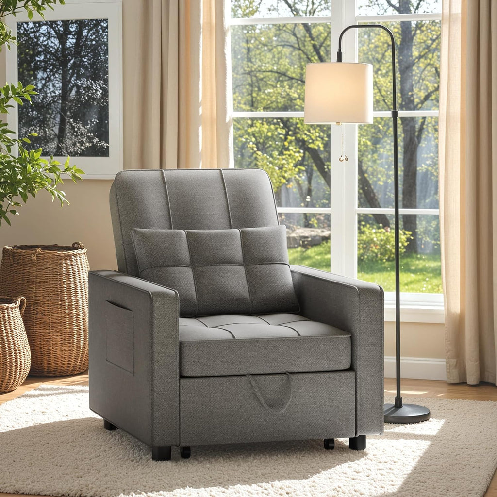 Flamaker Sofa Bed, Sleeper Sofa 3-in-1, Adjustable Couch Bed with Modern Linen Fabric, Convertible Sleeper Chair, Couches for Living Room, Apartment and Small Space (Bright Gray)