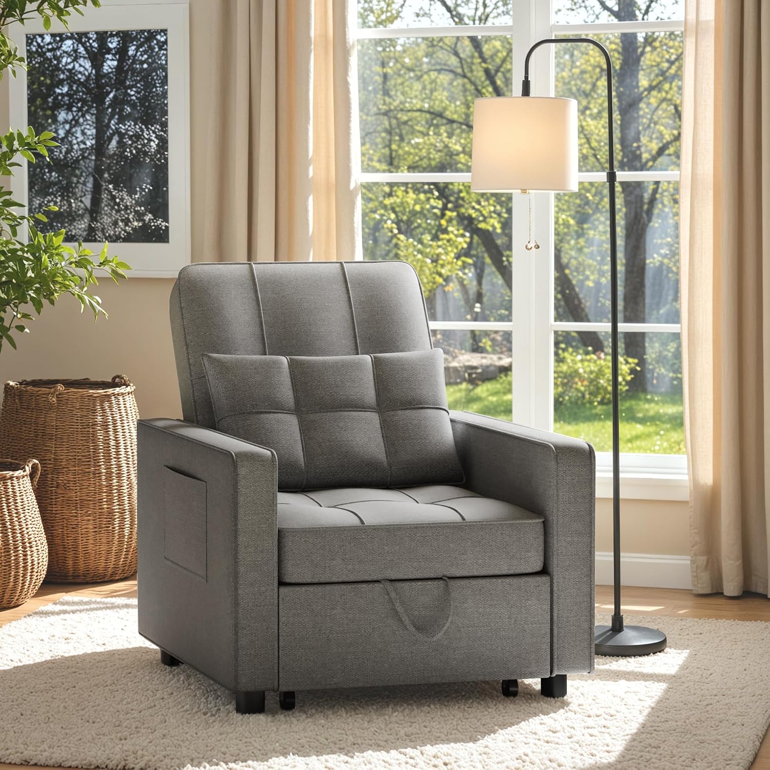 Flamaker Sofa Bed, Sleeper Sofa 3-in-1, Adjustable Couch Bed with Modern Linen Fabric, Convertible Sleeper Chair, Couches for Living Room, Apartment and Small Space (Bright Gray)