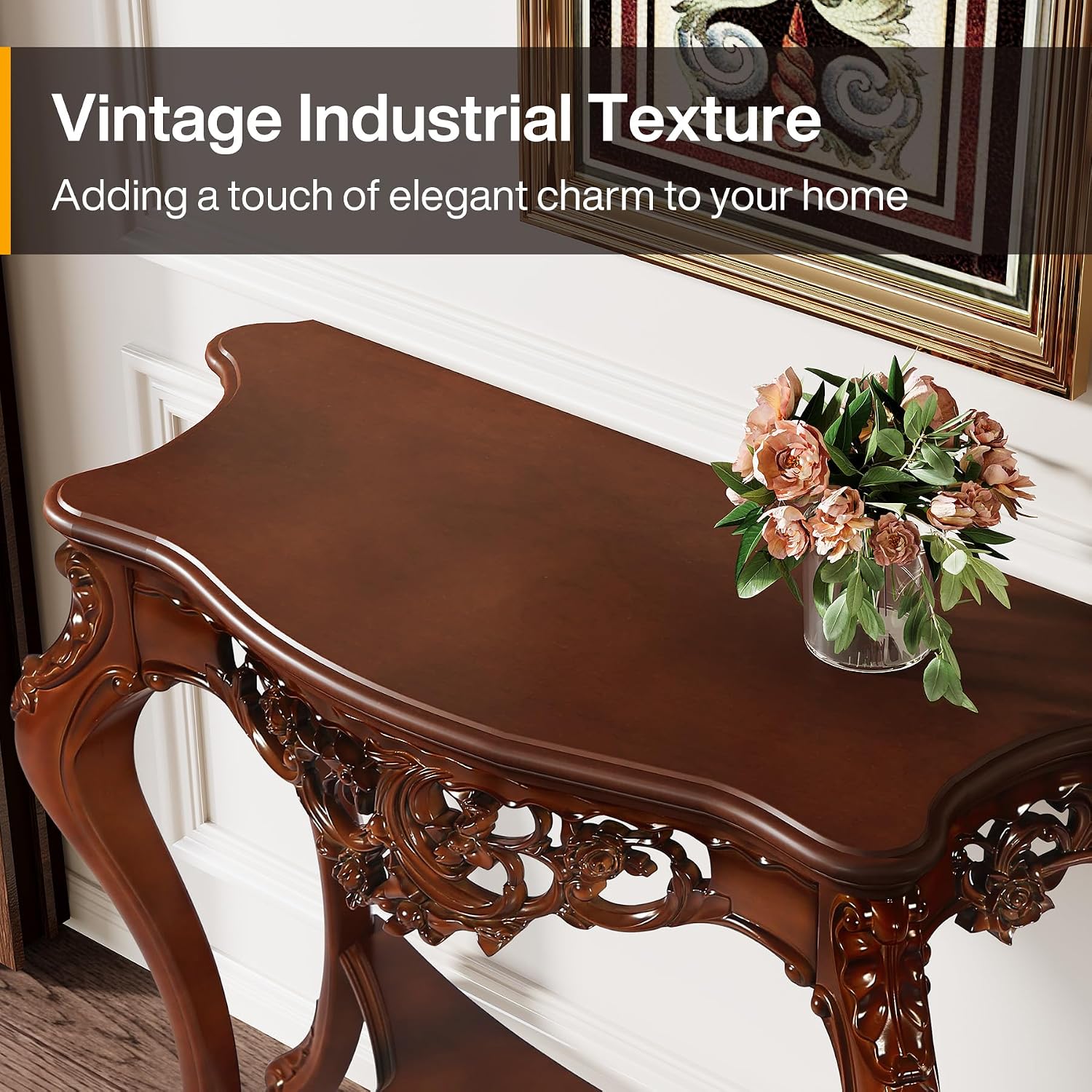 Tribesigns Antique Console Table, 38 Inch Victorian Half Moon Sofa Table with Hollow Floral Apron and Cabriole Legs, Vintage Traditional Decorative Furniture Tables for Entryway, Hallway, Living Room