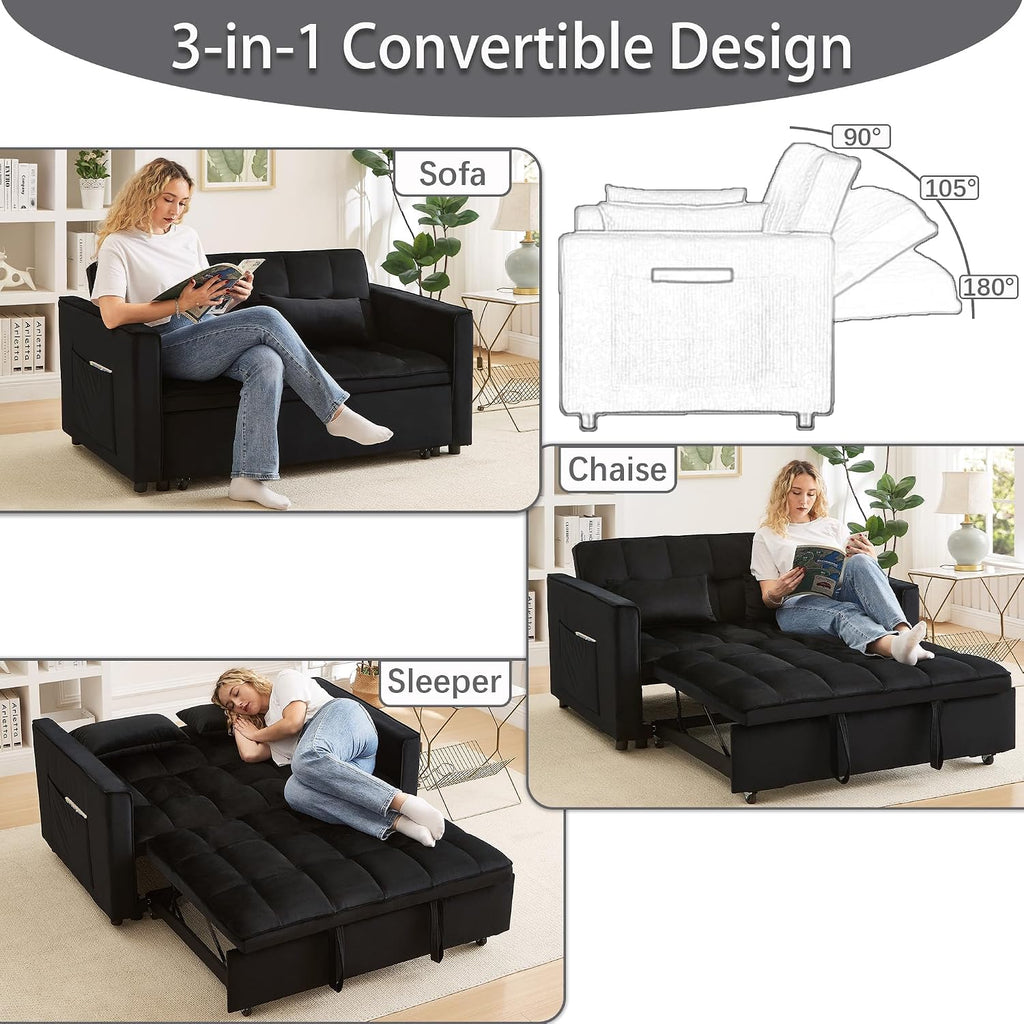 70' 3 in 1 Pull Out Couch, Loveseat Sleeper Sofa with Side Pockets, Convertible Velvet Fabric Sofa Bed for Living Room, Bedroom, Apartment, Easy Assembly, Black