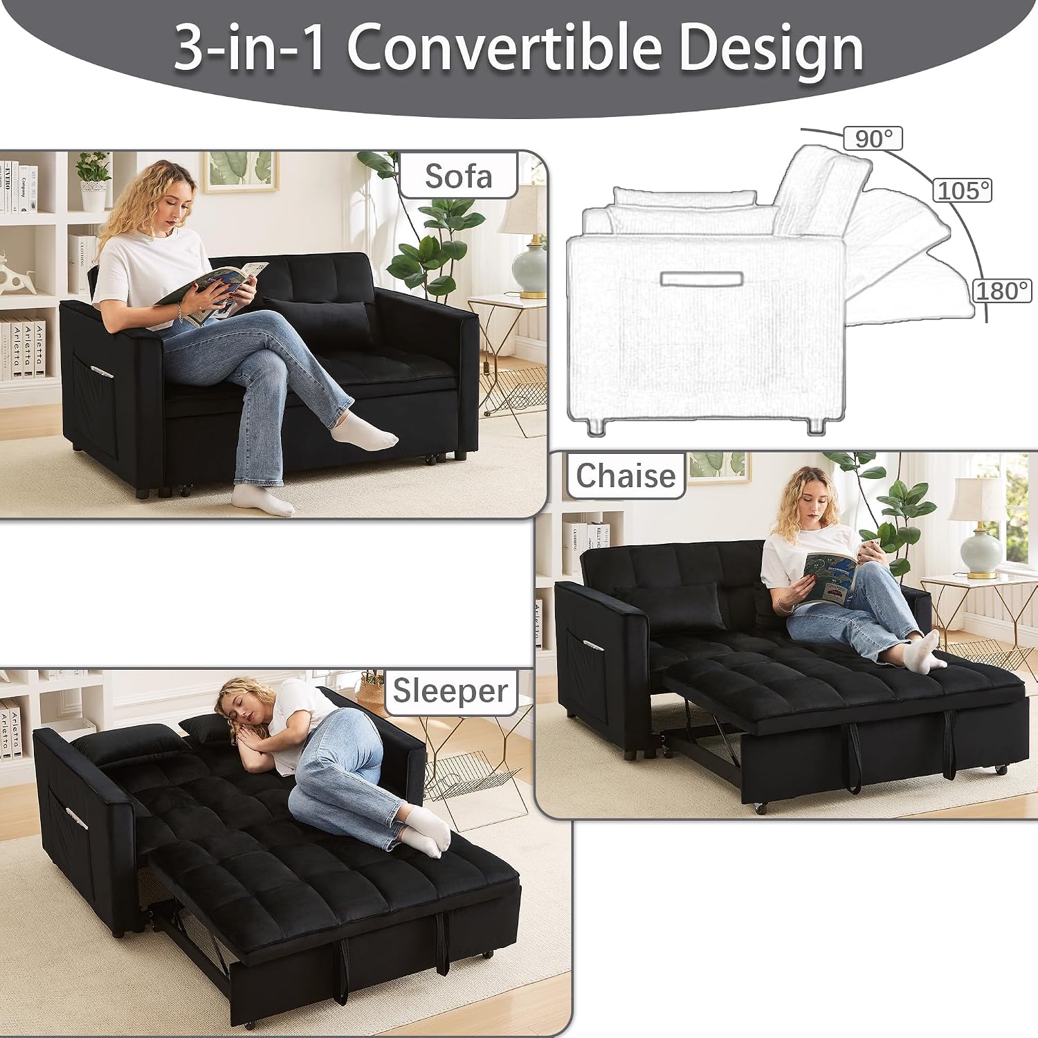 70' 3 in 1 Pull Out Couch, Loveseat Sleeper Sofa with Side Pockets, Convertible Velvet Fabric Sofa Bed for Living Room, Bedroom, Apartment, Easy Assembly, Black