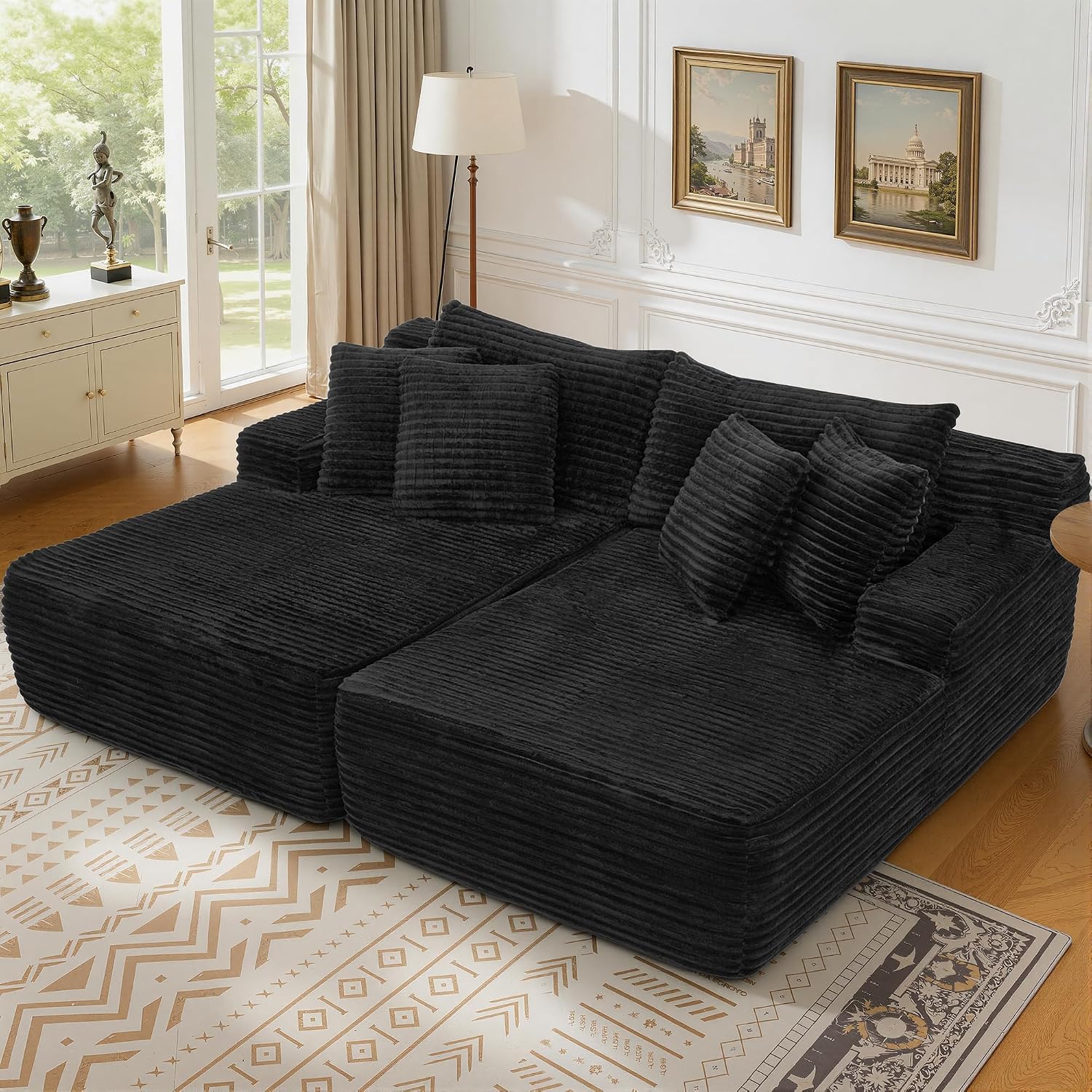 83' Oversized Double Chaise Lounge Indoor, Black Corduroy Chaise Lounge Chair, Upholstered Sleeper Sofa Bed, Deep Seat Sleeper Loveseat Reading Chairs, Boneless Cloud Couch for Living Room Bedroom