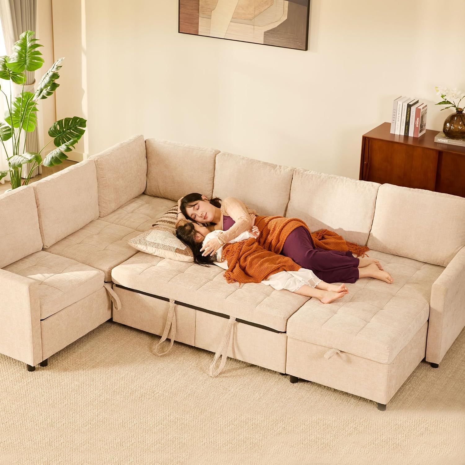 GOSUHI 107' Sleeper Sofa, Set of Modular Pieces with Pull Out Bed, U Shaped Sectional Couch with Storage, Extra Wide&Deep Seat Couches for Living Room, Removable Sofa Cover, Chenille-Flat White