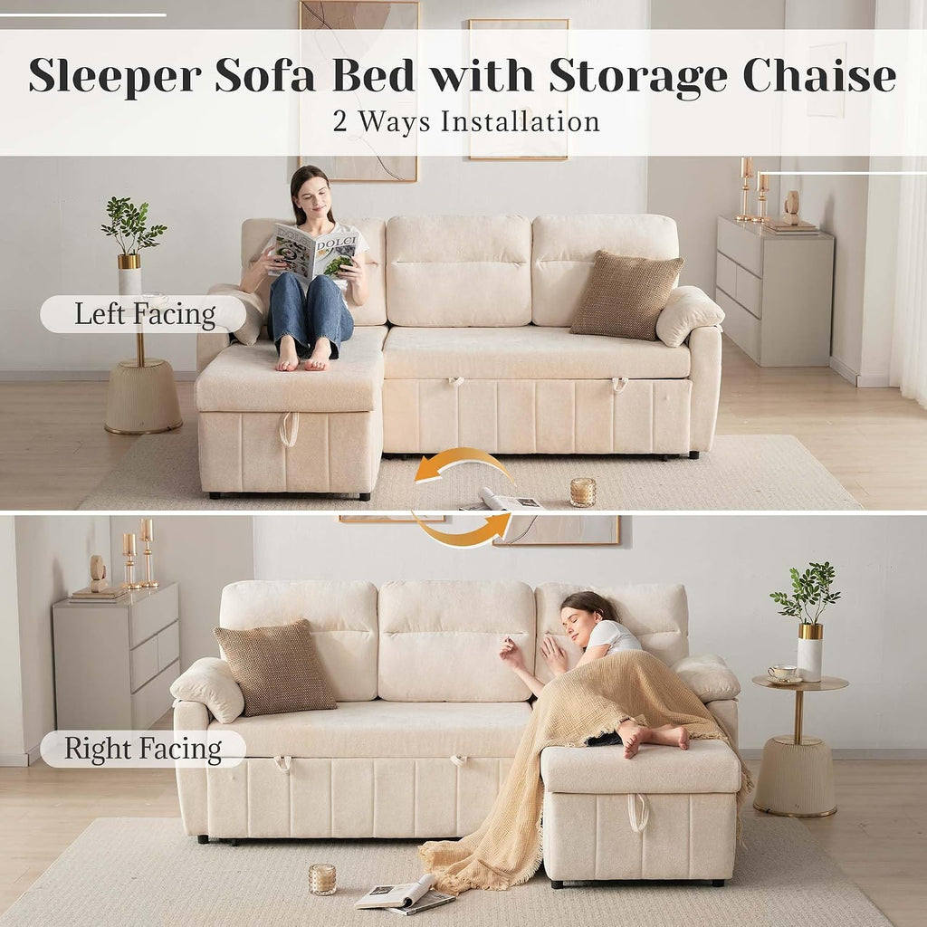 Tbfit 84'' Pull Out Sofa, 3 in 1 Sleeper Sofa Couch with USB & Storage Chaise, Cloud Sofa Bed with Pull Out Bed, Chenille Convertible Sleeper Sofas for Living Room, Small Spaces, Beige