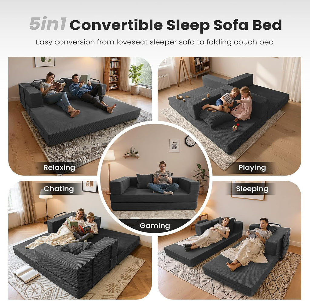 5‑in‑1 Futon Sofa Bed Queen – Floor Foldable Convertible Sofa Couch with L‑Shaped Armrests, Removable Cover, Grey Convertible Guest Bed | Space‑Saving Fold‑Out Mattress Lounge for Living Room/Bedroom