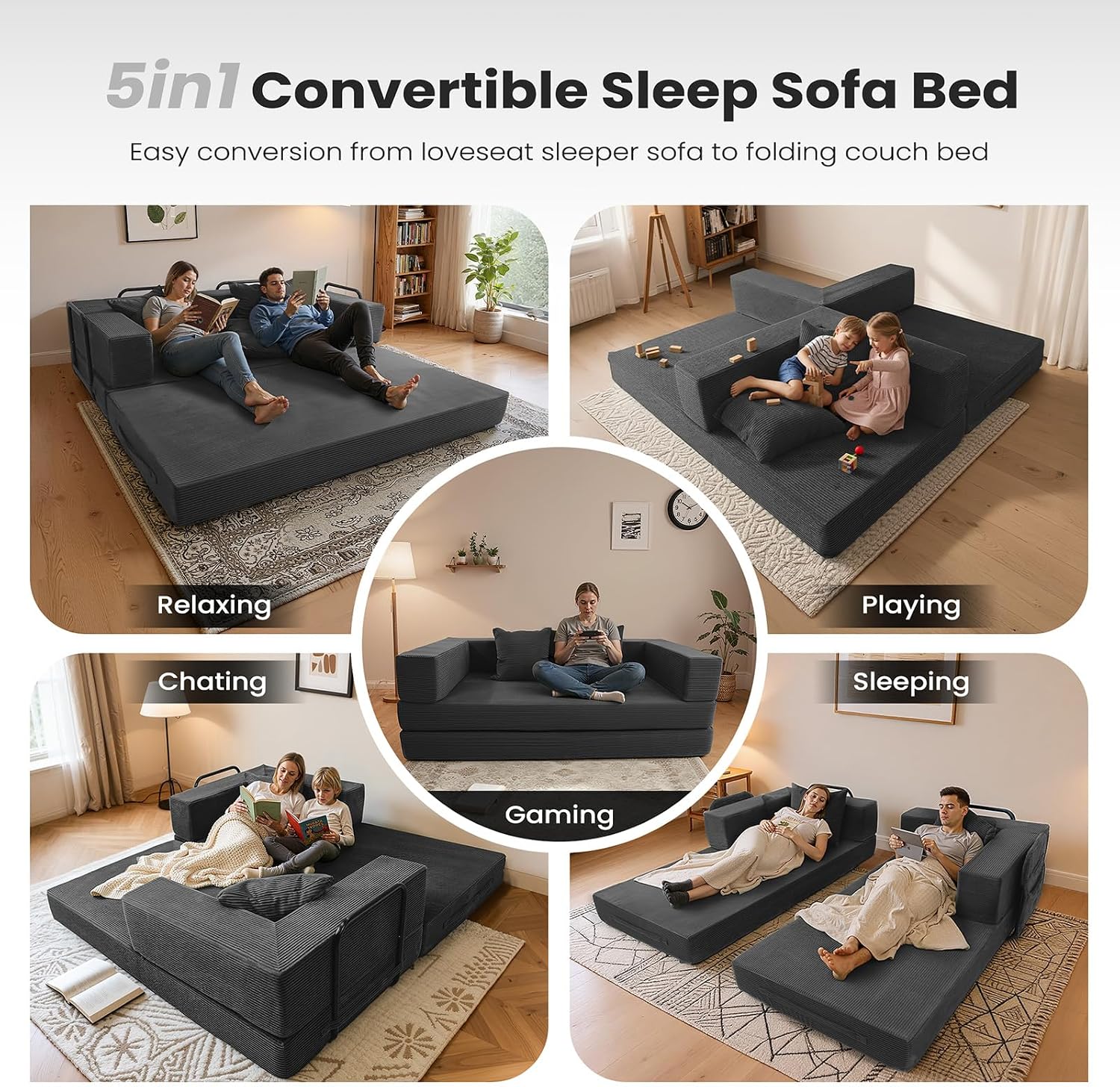 5‑in‑1 Futon Sofa Bed Queen – Floor Foldable Convertible Sofa Couch with L‑Shaped Armrests, Removable Cover, Grey Convertible Guest Bed | Space‑Saving Fold‑Out Mattress Lounge for Living Room/Bedroom