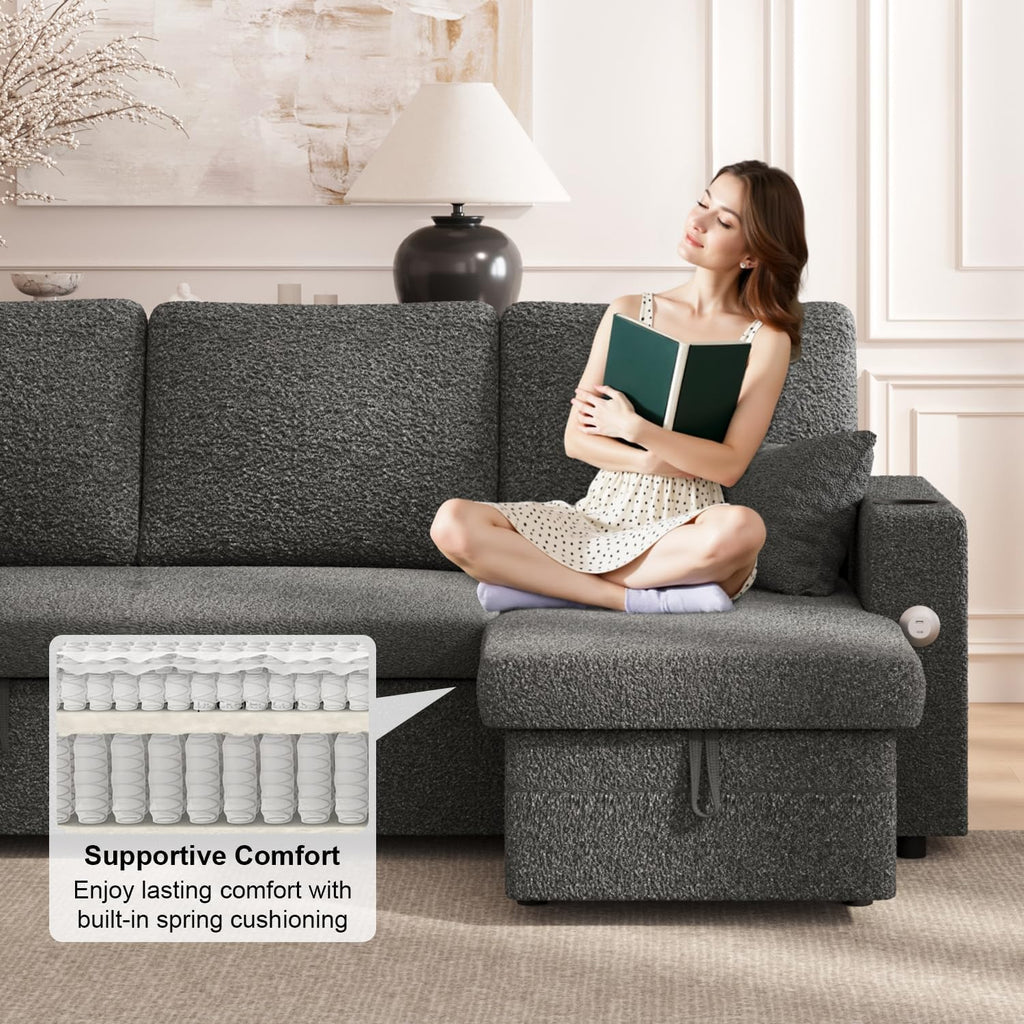 Sleeper Sofa Bed, 4-in-1 Pull Out Couch with Reversible Chaise | Dual USB & Type-C Charging | Dual Cup Holders | Layered Storage (Armrest + Chaise) for Living Room, Apartment, Home Office (Dark Gray)
