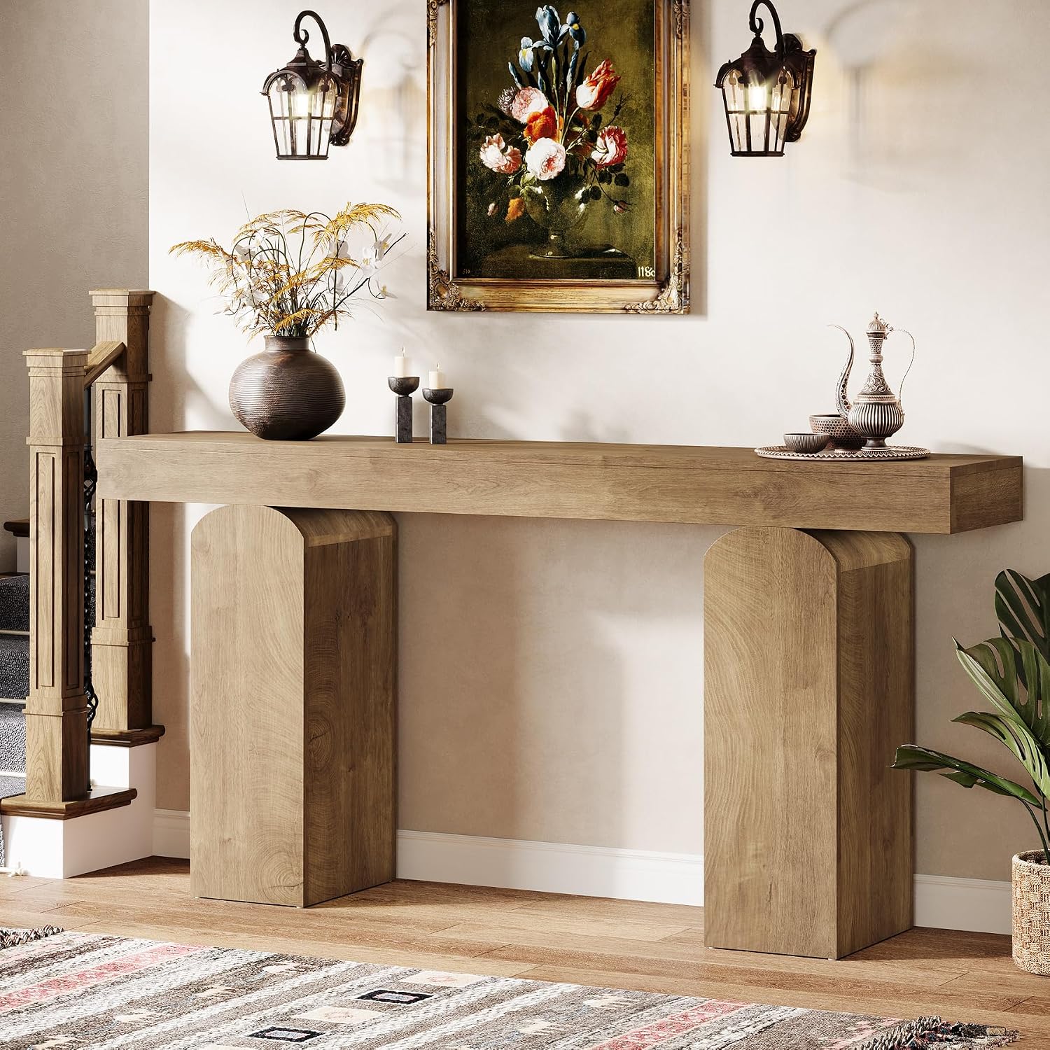 Tribesigns 63' Long Entryway Table, Farmhouse Console Table with 2 Arched Pedestal Legs, Wooden Sofa Console Behind The Couch for Entrance, Hallway, Living Room (Natural)