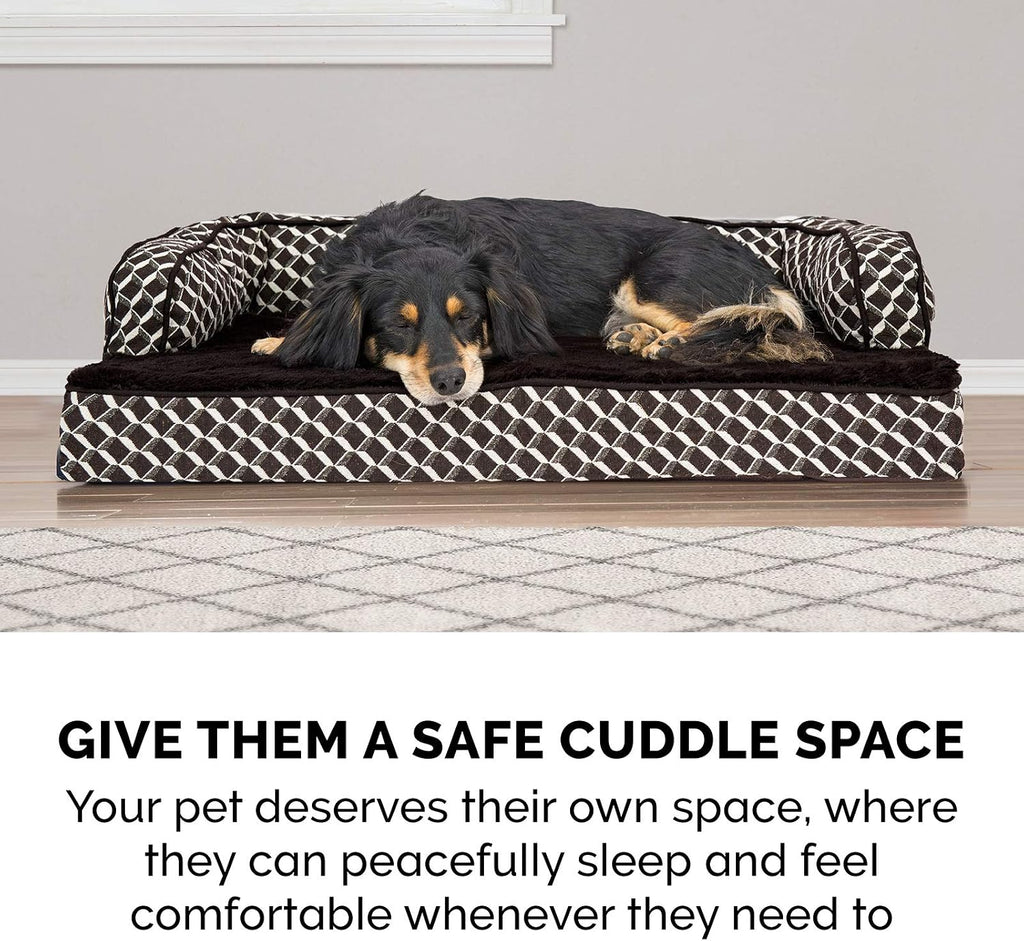 Furhaven Orthopedic Dog Bed for Large Dogs w/ Removable Bolsters & Washable Cover, For Dogs Up to 125 lbs - Plush & Woven Decor Comfy Couch Sofa - Diamond Brown, Jumbo Plus/XXL